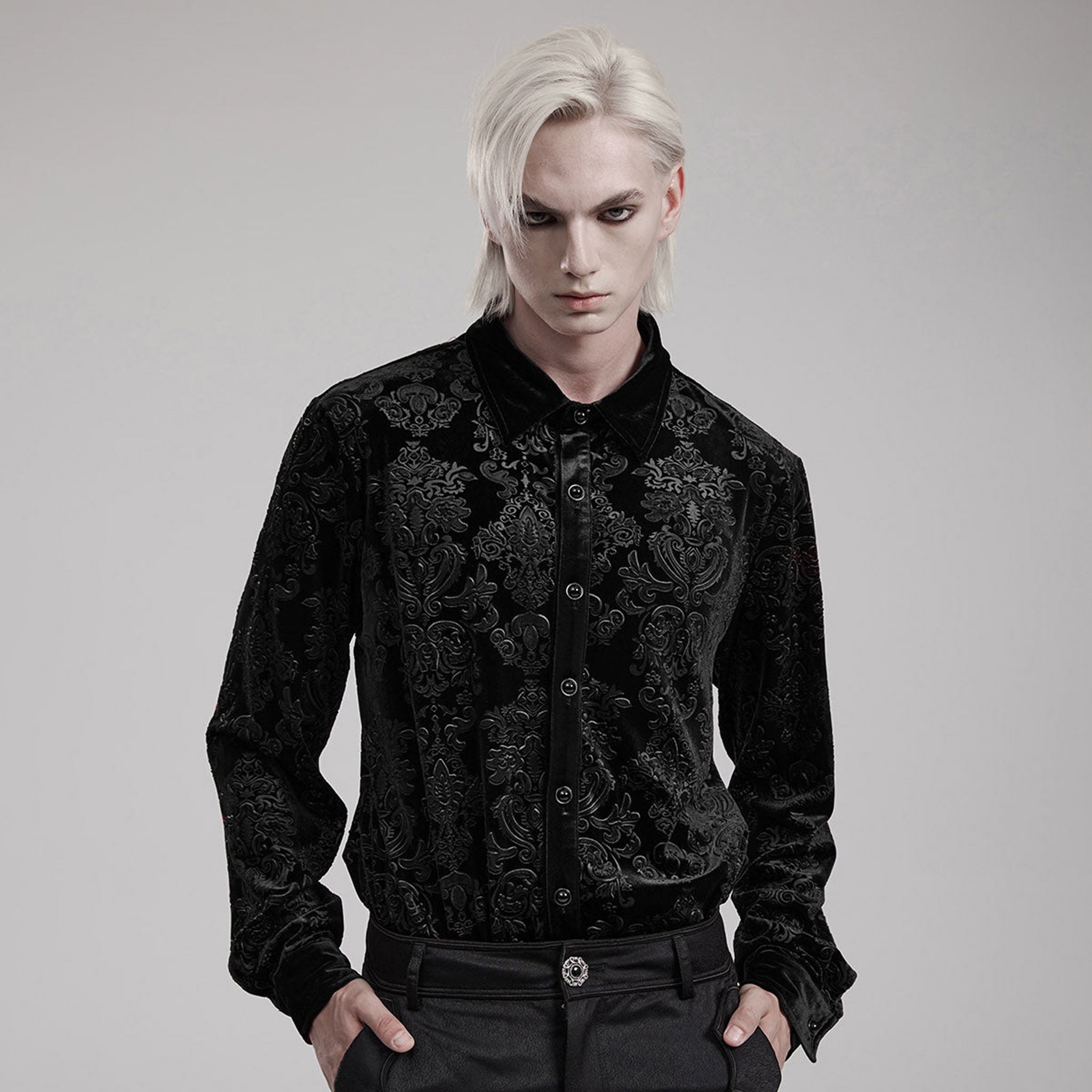 Polyester polyamide elastane Spandex velvet velveteen fabric top shirt dress-shirt longsleeve long-sleeve sleeves sleeved button-up cuffs embossed patterned jacquard ornate-buttons buttons refined fancy intricate dark elegant luxurious fashion alt-fashion alternative goth gothic victorian victorian-inspired costume cosplay halloween spooky macabre vampire nobility aristocrat male masculine masc mens menswear black