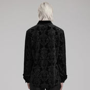 Polyester polyamide elastane Spandex velvet velveteen fabric top shirt dress-shirt longsleeve long-sleeve sleeves sleeved button-up cuffs embossed patterned jacquard ornate-buttons buttons refined fancy intricate dark elegant luxurious fashion alt-fashion alternative goth gothic victorian victorian-inspired costume cosplay halloween spooky macabre vampire nobility aristocrat male masculine masc mens menswear black