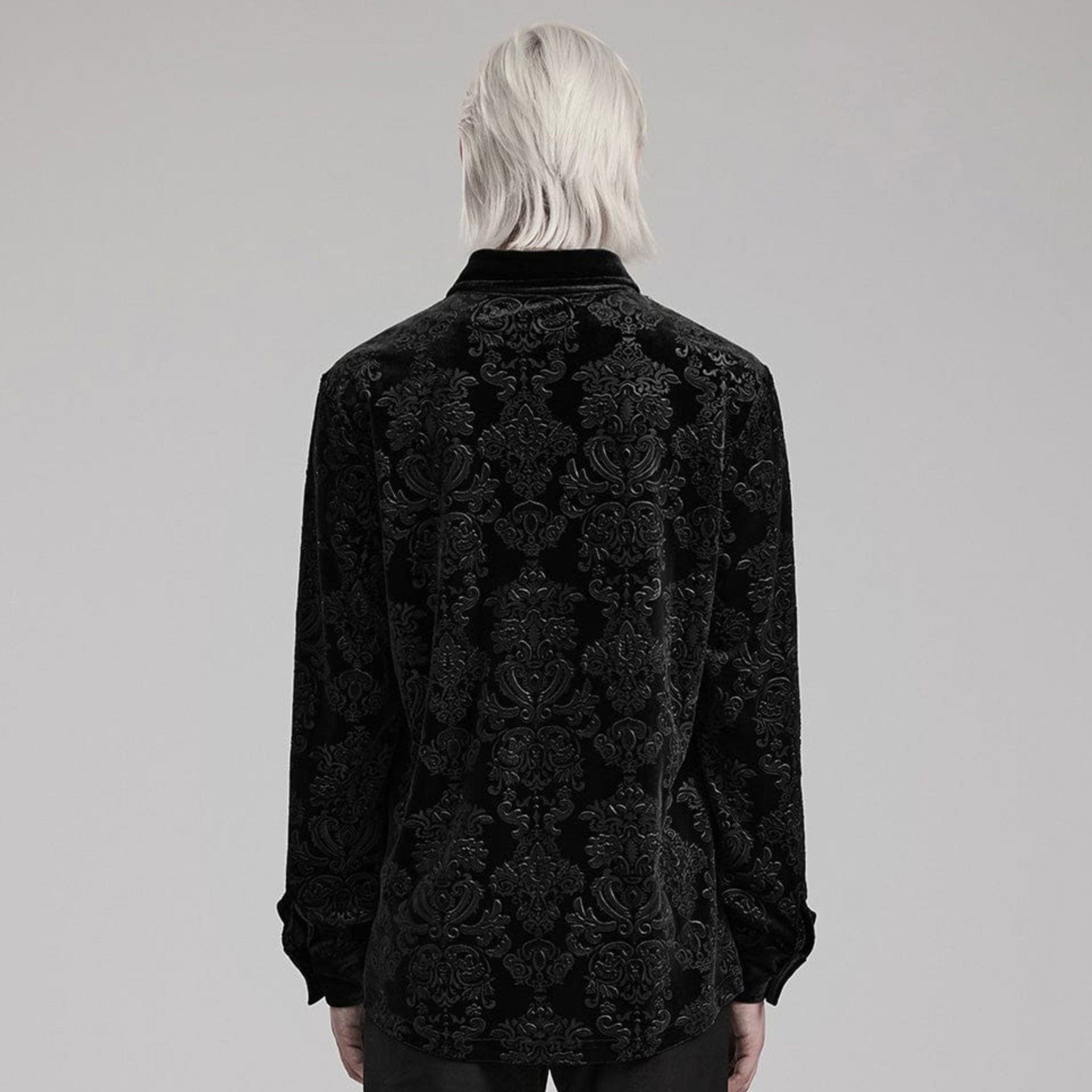 Polyester polyamide elastane Spandex velvet velveteen fabric top shirt dress-shirt longsleeve long-sleeve sleeves sleeved button-up cuffs embossed patterned jacquard ornate-buttons buttons refined fancy intricate dark elegant luxurious fashion alt-fashion alternative goth gothic victorian victorian-inspired costume cosplay halloween spooky macabre vampire nobility aristocrat male masculine masc mens menswear black