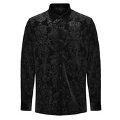 Polyester polyamide elastane Spandex velvet velveteen fabric top shirt dress-shirt longsleeve long-sleeve sleeves sleeved button-up cuffs embossed patterned jacquard ornate-buttons buttons refined fancy intricate dark elegant luxurious fashion alt-fashion alternative goth gothic victorian victorian-inspired costume cosplay halloween spooky macabre vampire nobility aristocrat male masculine masc mens menswear black