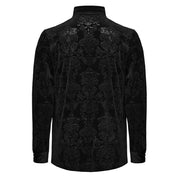 Polyester polyamide elastane Spandex velvet velveteen fabric top shirt dress-shirt longsleeve long-sleeve sleeves sleeved button-up cuffs embossed patterned jacquard ornate-buttons buttons refined fancy intricate dark elegant luxurious fashion alt-fashion alternative goth gothic victorian victorian-inspired costume cosplay halloween spooky macabre vampire nobility aristocrat male masculine masc mens menswear black