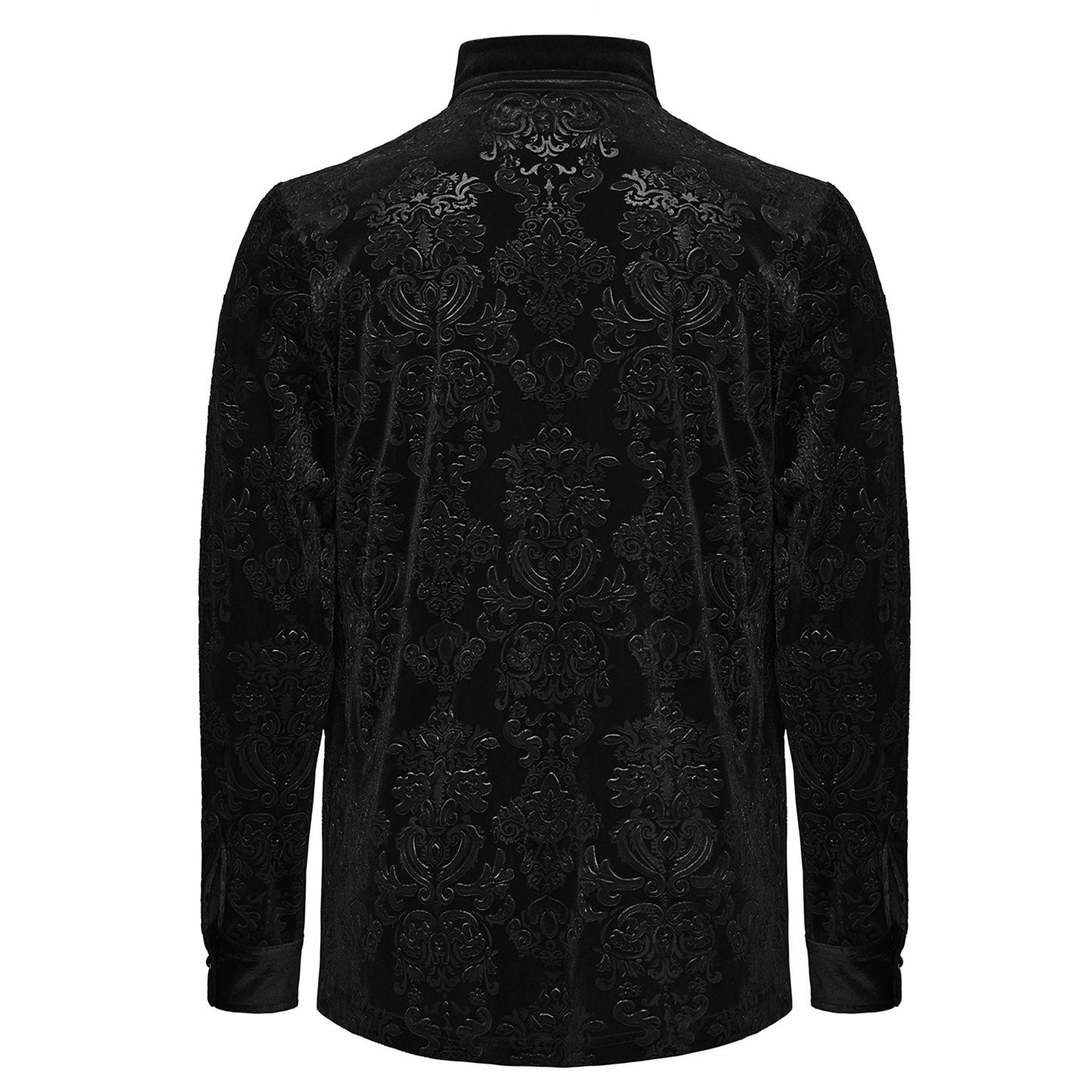 Polyester polyamide elastane Spandex velvet velveteen fabric top shirt dress-shirt longsleeve long-sleeve sleeves sleeved button-up cuffs embossed patterned jacquard ornate-buttons buttons refined fancy intricate dark elegant luxurious fashion alt-fashion alternative goth gothic victorian victorian-inspired costume cosplay halloween spooky macabre vampire nobility aristocrat male masculine masc mens menswear black