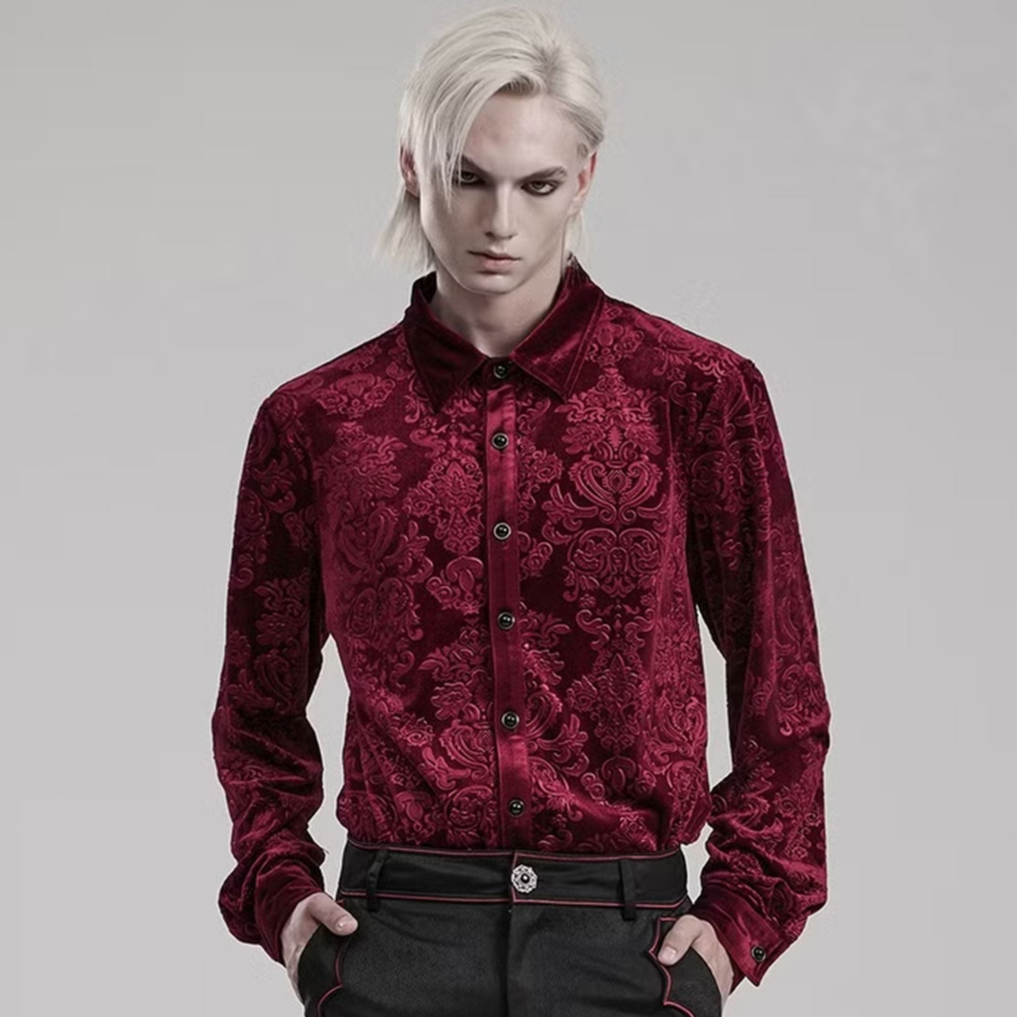 Polyester polyamide elastane Spandex velvet velveteen fabric top shirt dress-shirt longsleeve long-sleeve sleeves sleeved button-up cuffs embossed patterned jacquard ornate-buttons buttons refined fancy intricate dark elegant luxurious fashion alt-fashion alternative goth gothic victorian victorian-inspired costume cosplay halloween spooky macabre vampire nobility aristocrat male masculine masc mens menswear red