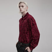 Polyester polyamide elastane Spandex velvet velveteen fabric top shirt dress-shirt longsleeve long-sleeve sleeves sleeved button-up cuffs embossed patterned jacquard ornate-buttons buttons refined fancy intricate dark elegant luxurious fashion alt-fashion alternative goth gothic victorian victorian-inspired costume cosplay halloween spooky macabre vampire nobility aristocrat male masculine masc mens menswear red
