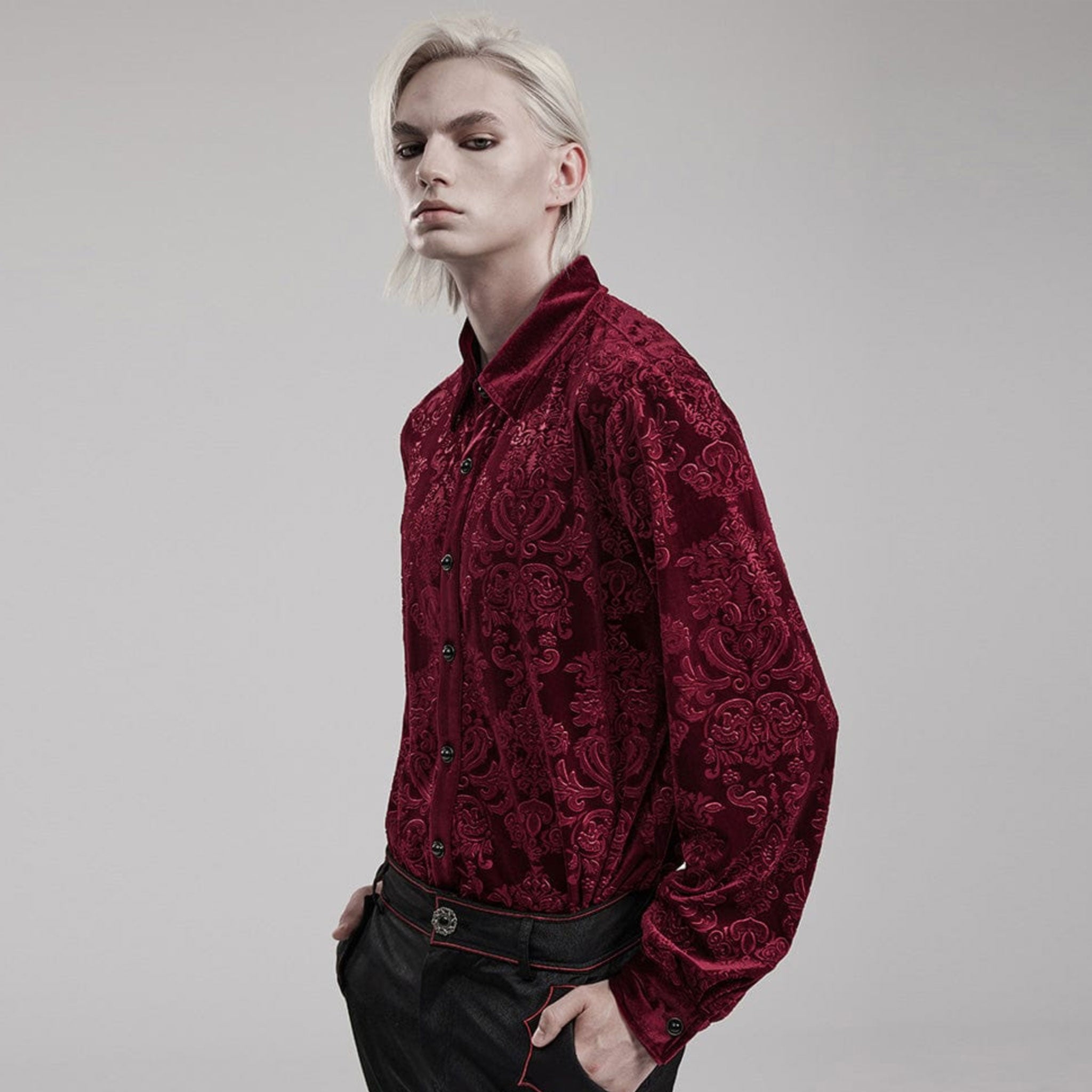 Polyester polyamide elastane Spandex velvet velveteen fabric top shirt dress-shirt longsleeve long-sleeve sleeves sleeved button-up cuffs embossed patterned jacquard ornate-buttons buttons refined fancy intricate dark elegant luxurious fashion alt-fashion alternative goth gothic victorian victorian-inspired costume cosplay halloween spooky macabre vampire nobility aristocrat male masculine masc mens menswear red