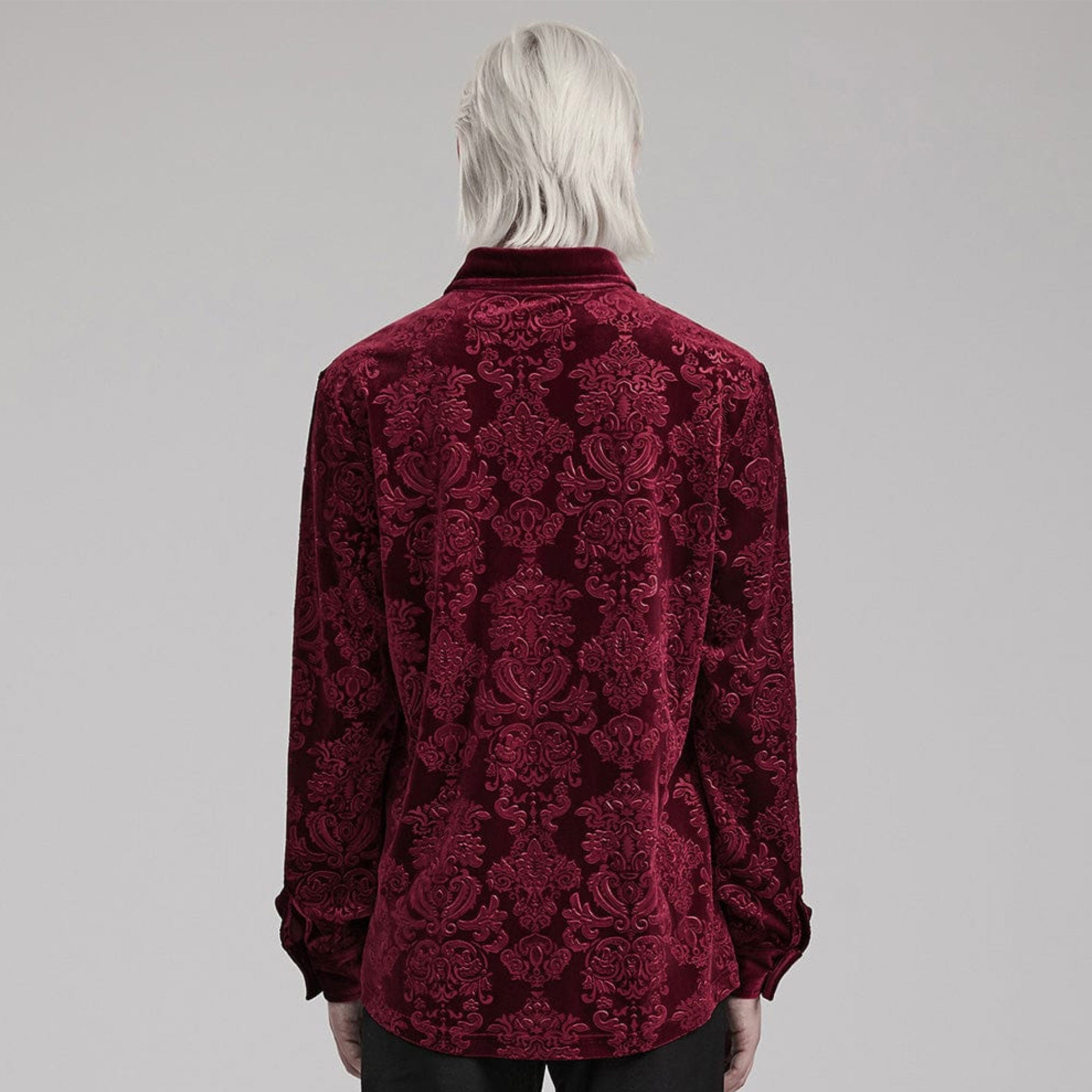 Polyester polyamide elastane Spandex velvet velveteen fabric top shirt dress-shirt longsleeve long-sleeve sleeves sleeved button-up cuffs embossed patterned jacquard ornate-buttons buttons refined fancy intricate dark elegant luxurious fashion alt-fashion alternative goth gothic victorian victorian-inspired costume cosplay halloween spooky macabre vampire nobility aristocrat male masculine masc mens menswear red