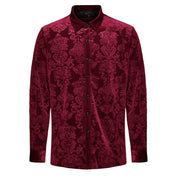Polyester polyamide elastane Spandex velvet velveteen fabric top shirt dress-shirt longsleeve long-sleeve sleeves sleeved button-up cuffs embossed patterned jacquard ornate-buttons buttons refined fancy intricate dark elegant luxurious fashion alt-fashion alternative goth gothic victorian victorian-inspired costume cosplay halloween spooky macabre vampire nobility aristocrat male masculine masc mens menswear red