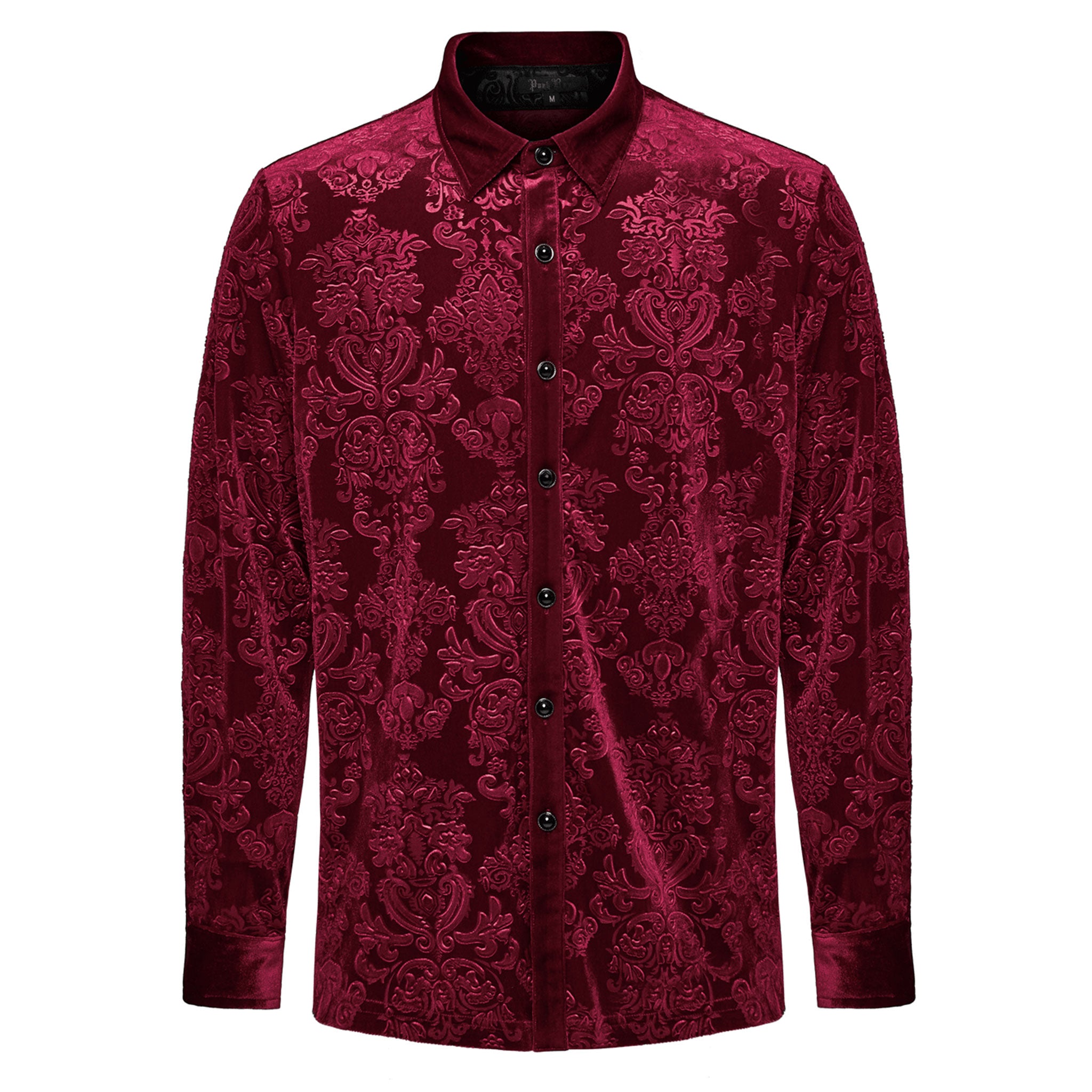 Polyester polyamide elastane Spandex velvet velveteen fabric top shirt dress-shirt longsleeve long-sleeve sleeves sleeved button-up cuffs embossed patterned jacquard ornate-buttons buttons refined fancy intricate dark elegant luxurious fashion alt-fashion alternative goth gothic victorian victorian-inspired costume cosplay halloween spooky macabre vampire nobility aristocrat male masculine masc mens menswear red