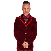 Rayon velveteen velvet apparel tops outerwear jacket blazer longsleeve long-sleeve sleeves sleeved smoking-jacket lapels button-up back-vent double-breasted waist-pockets front-pockets spooky tailored dramatic soft decadent dark royalty fetish fashion alt-fashion formal loungewear goth gothic victorian costume cosplay halloween halloween-couture vampire steampunk uniform male masculine masc mens menswear guys dudes red deep-red