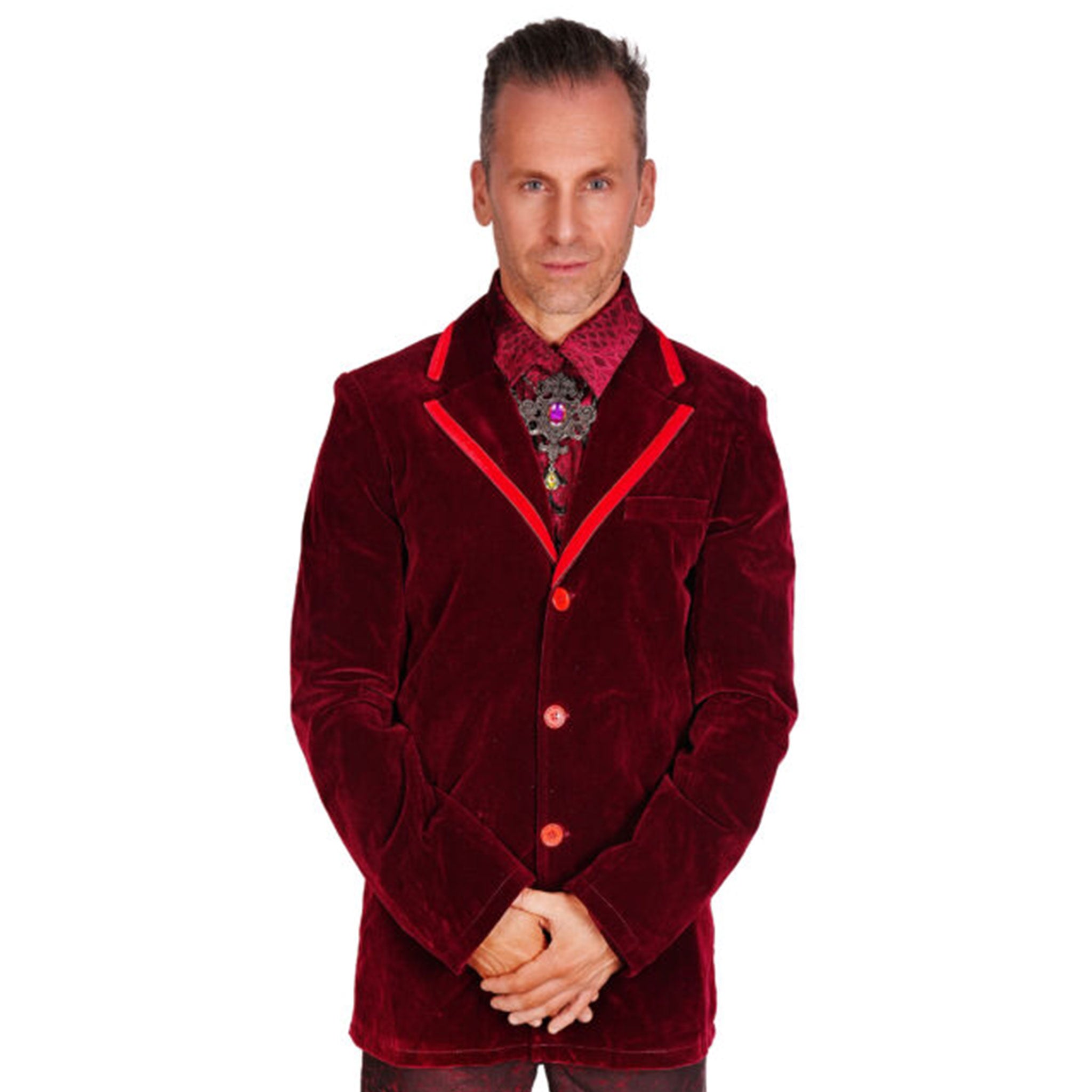 Rayon velveteen velvet apparel tops outerwear jacket blazer longsleeve long-sleeve sleeves sleeved smoking-jacket lapels button-up back-vent double-breasted waist-pockets front-pockets spooky tailored dramatic soft decadent dark royalty fetish fashion alt-fashion formal loungewear goth gothic victorian costume cosplay halloween halloween-couture vampire steampunk uniform male masculine masc mens menswear guys dudes red deep-red