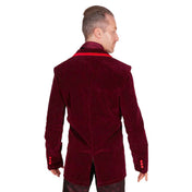 Rayon velveteen velvet apparel tops outerwear jacket blazer longsleeve long-sleeve sleeves sleeved smoking-jacket lapels button-up back-vent double-breasted waist-pockets front-pockets spooky tailored dramatic soft decadent dark royalty fetish fashion alt-fashion formal loungewear goth gothic victorian costume cosplay halloween halloween-couture vampire steampunk uniform male masculine masc mens menswear guys dudes red deep-red