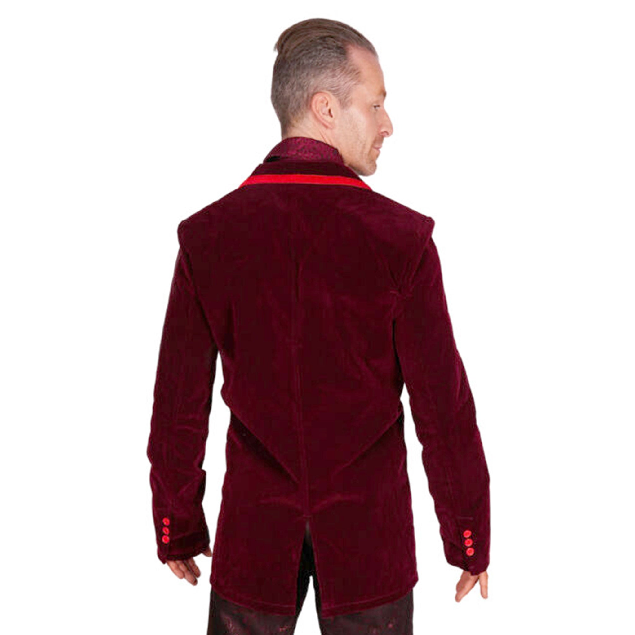 Rayon velveteen velvet apparel tops outerwear jacket blazer longsleeve long-sleeve sleeves sleeved smoking-jacket lapels button-up back-vent double-breasted waist-pockets front-pockets spooky tailored dramatic soft decadent dark royalty fetish fashion alt-fashion formal loungewear goth gothic victorian costume cosplay halloween halloween-couture vampire steampunk uniform male masculine masc mens menswear guys dudes red deep-red