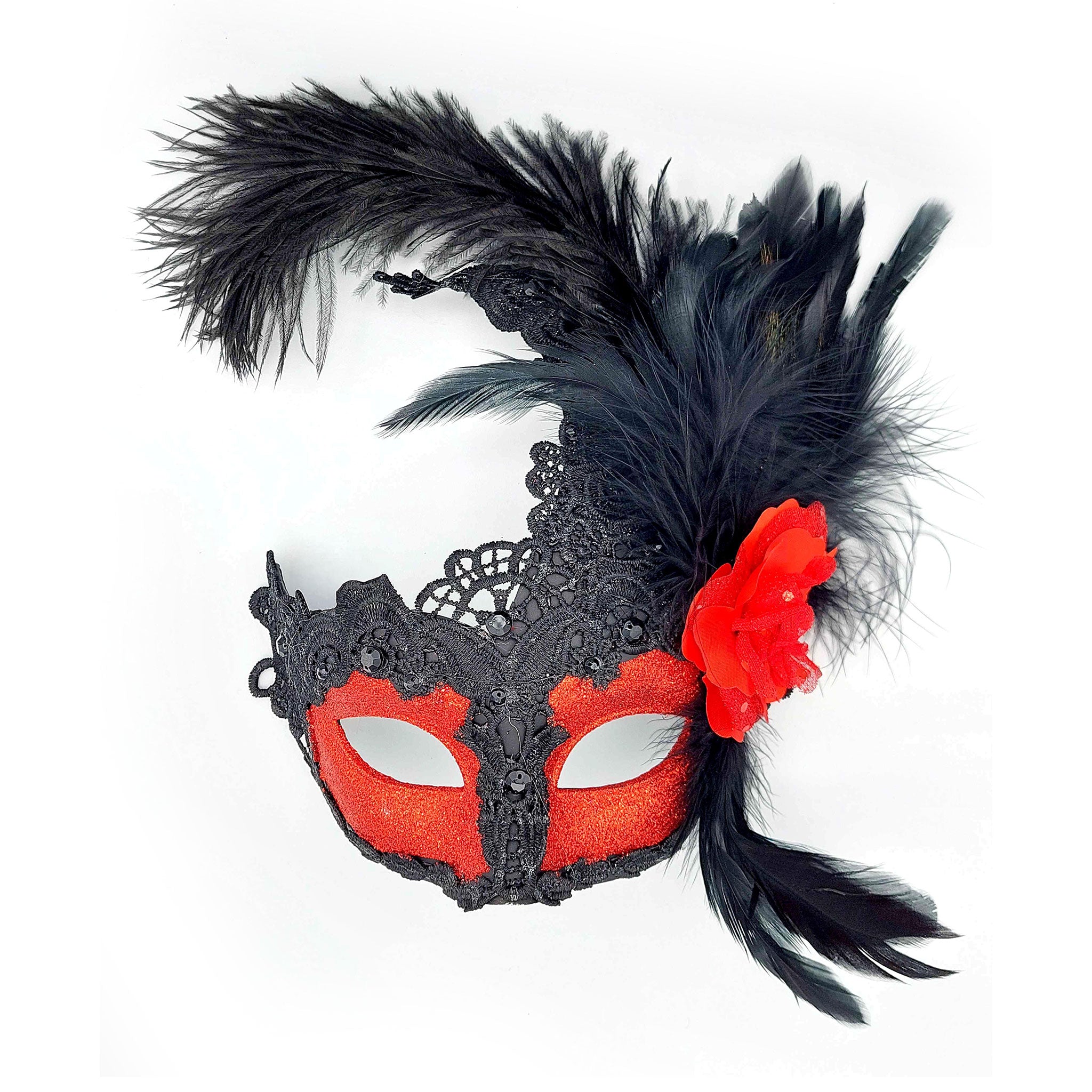 Resin mask eye eye-mask lace brocade glitter nylon mesh flower floral feather coque peacock acrylic gems faceted venetian accessories halloween costume halloween-couture masquerade black red