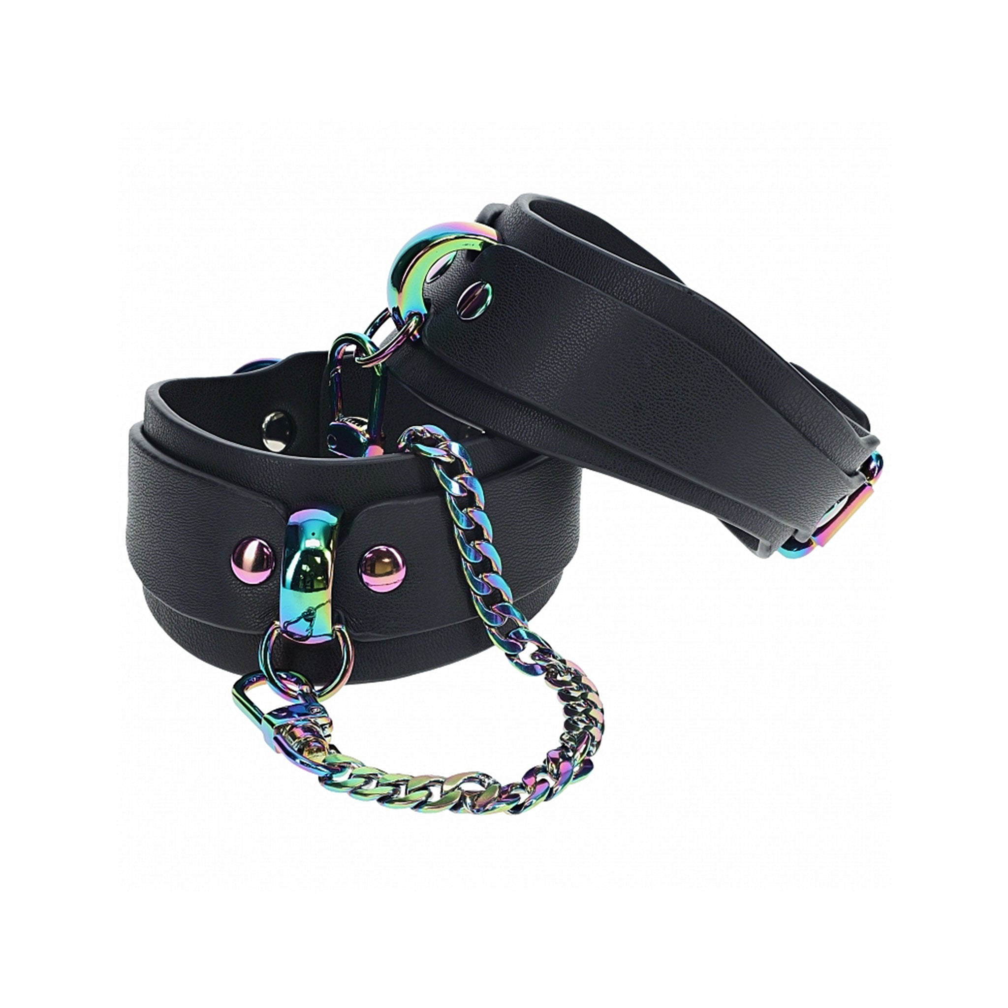 Leather PU PVC vinyl restraints restraint ankle ankle-cuffs body iridescent rainbow metallic zinc-alloy iron nickel nickle bondage bdsm bodsm-gear kink kinky accessories adult-toys black