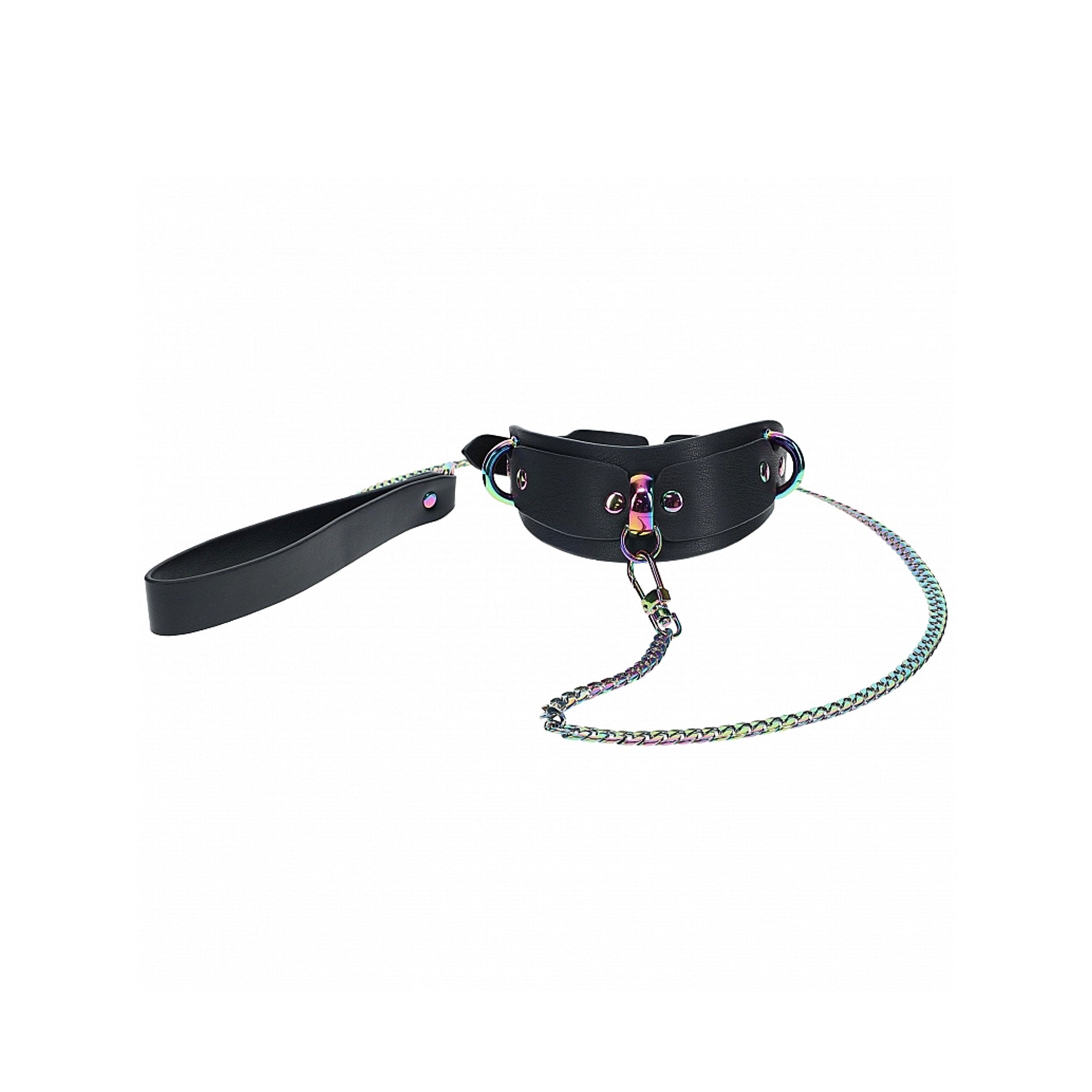 Leather bonded PU PVC collar dual-layer ergonomic D-ring adjustable leash leads chain detachable iridescent rainbow venice ouch bdsm bondage kink kinky kinky-play pet-play adult-toys bdsm-accessories black