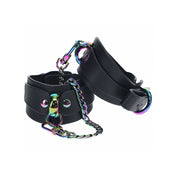 Bonded-leather PU PVC restraint restraints wrist cuffs wrist-cuffs wristcuffs handcuffs hand-cuffs D-ring adjustable buckle iridescent bondage bdsm bdsm-gear fetish fetish-fashion black rainbow