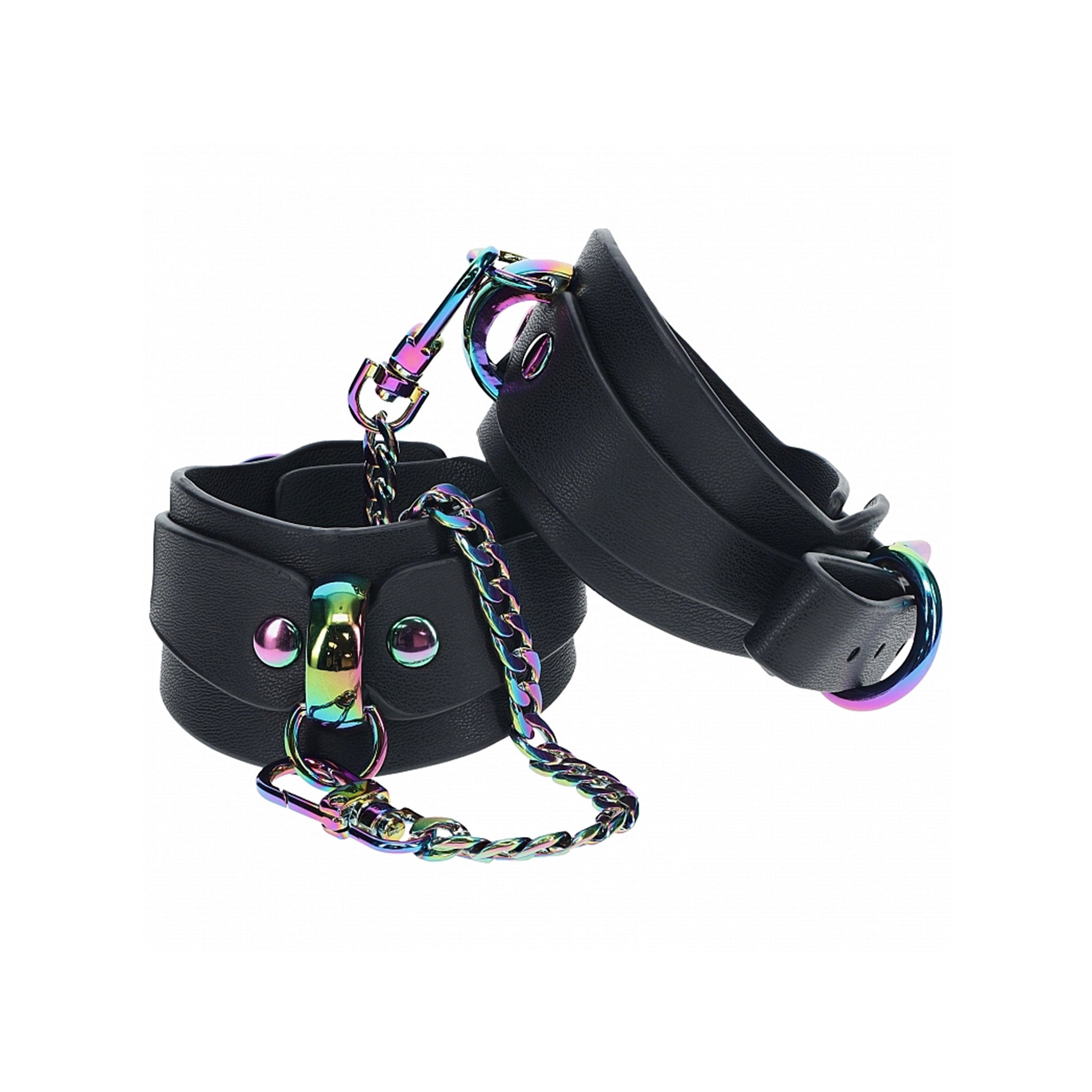 Bonded-leather PU PVC restraint restraints wrist cuffs wrist-cuffs wristcuffs handcuffs hand-cuffs D-ring adjustable buckle iridescent bondage bdsm bdsm-gear fetish fetish-fashion black rainbow