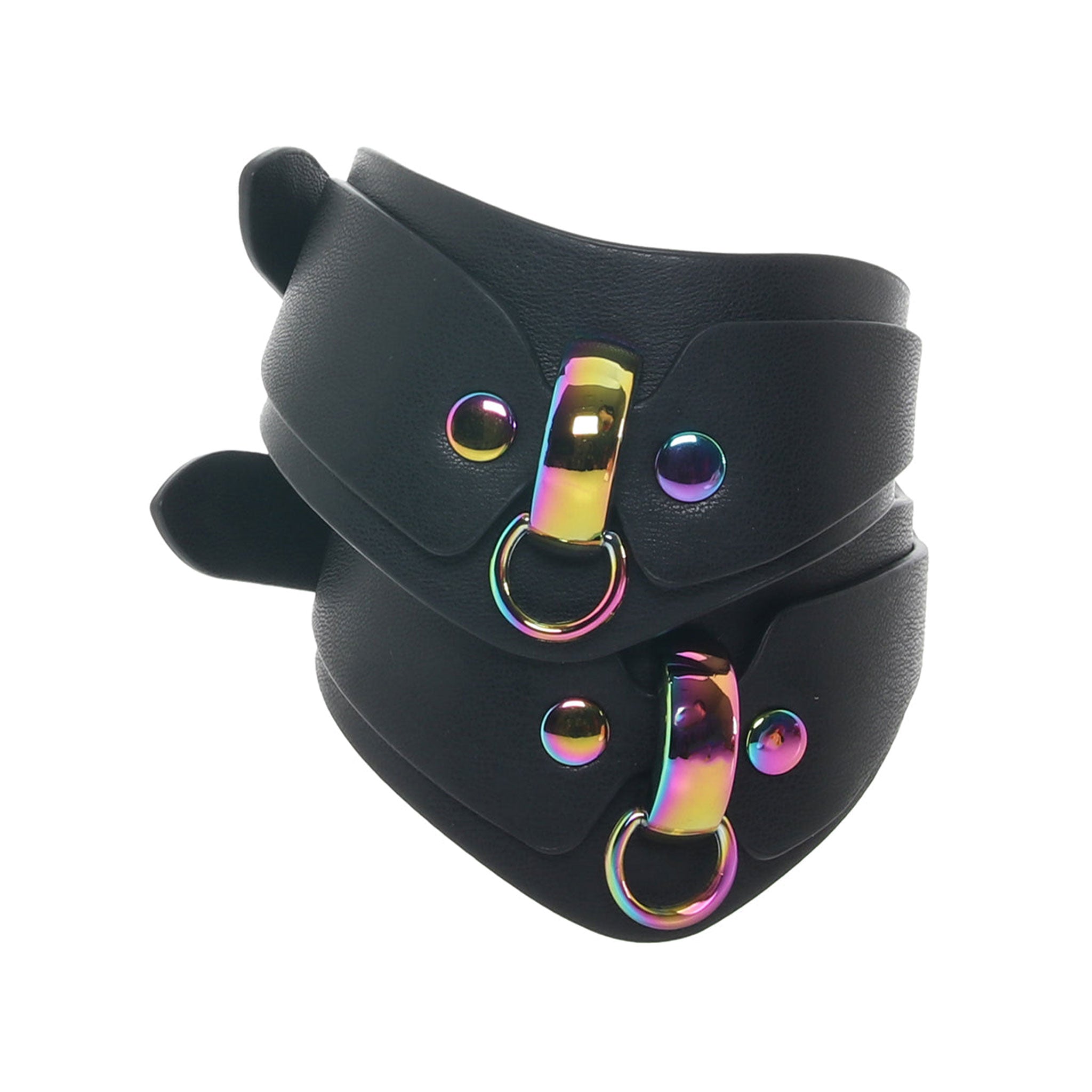Bonded-leather PU PVC restraint restraints wrist cuffs wrist-cuffs wristcuffs handcuffs hand-cuffs D-ring adjustable buckle iridescent bondage bdsm bdsm-gear fetish fetish-fashion black rainbow