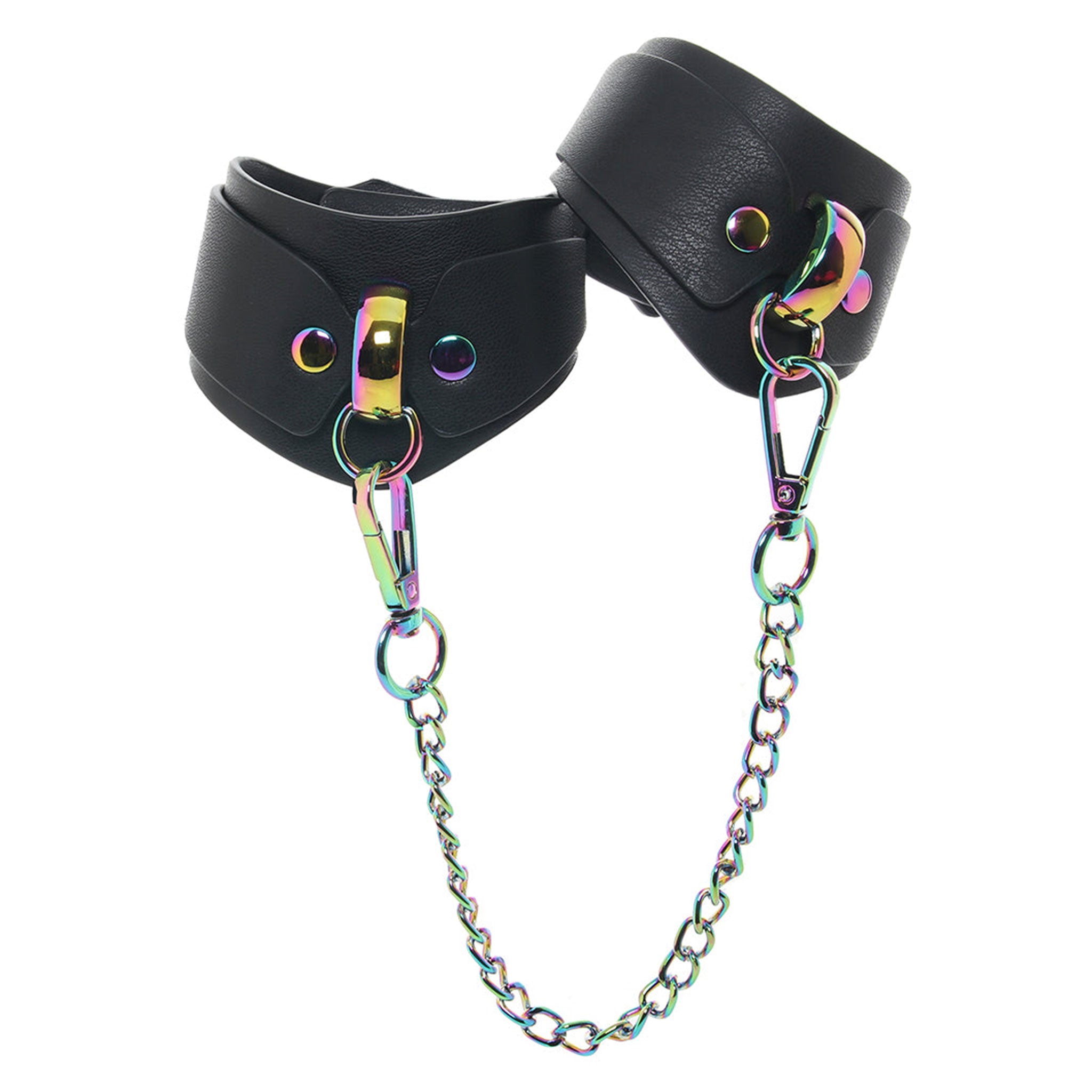 Bonded-leather PU PVC restraint restraints wrist cuffs wrist-cuffs wristcuffs handcuffs hand-cuffs D-ring adjustable buckle iridescent bondage bdsm bdsm-gear fetish fetish-fashion black rainbow