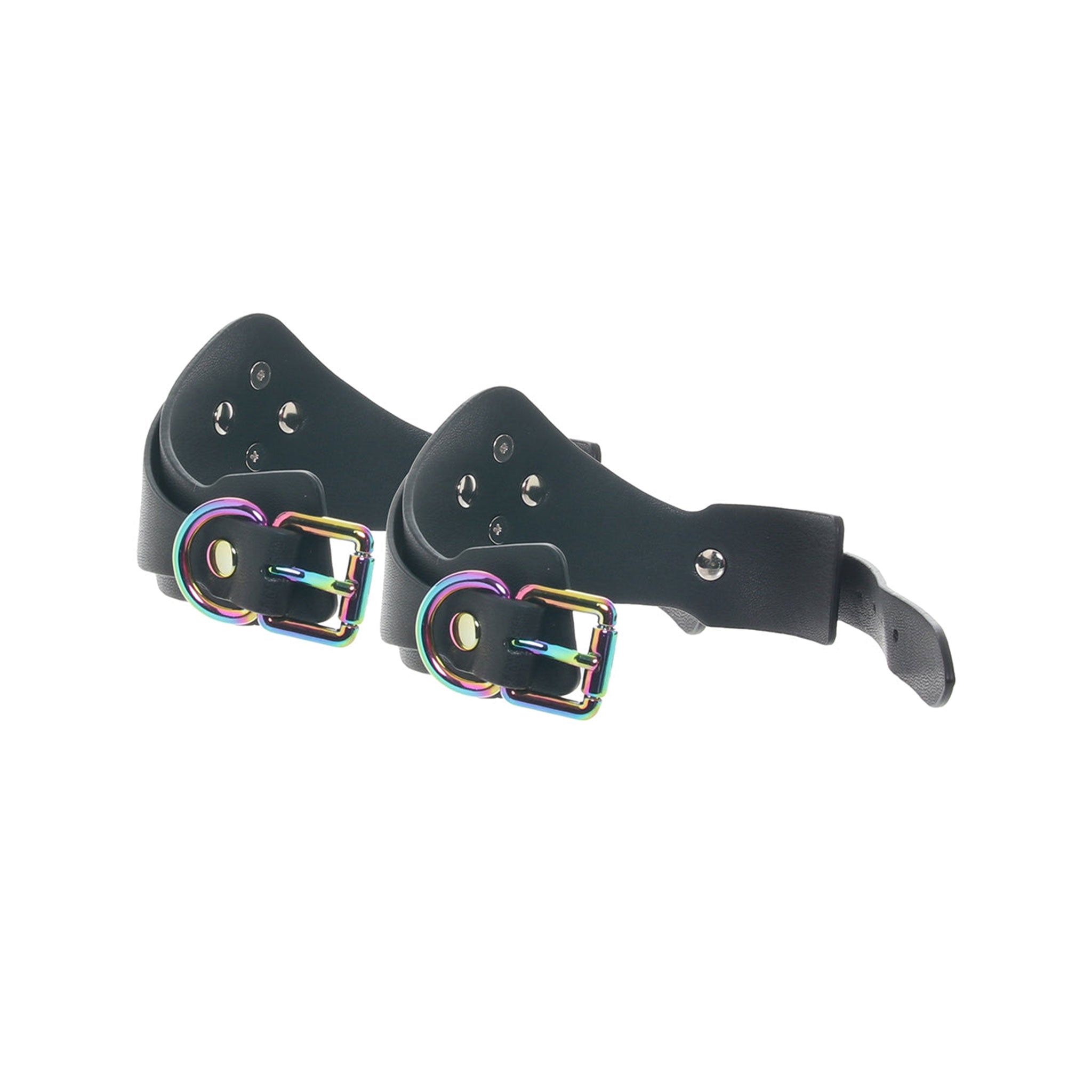 Bonded-leather PU PVC restraint restraints wrist cuffs wrist-cuffs wristcuffs handcuffs hand-cuffs D-ring adjustable buckle iridescent bondage bdsm bdsm-gear fetish fetish-fashion black rainbow