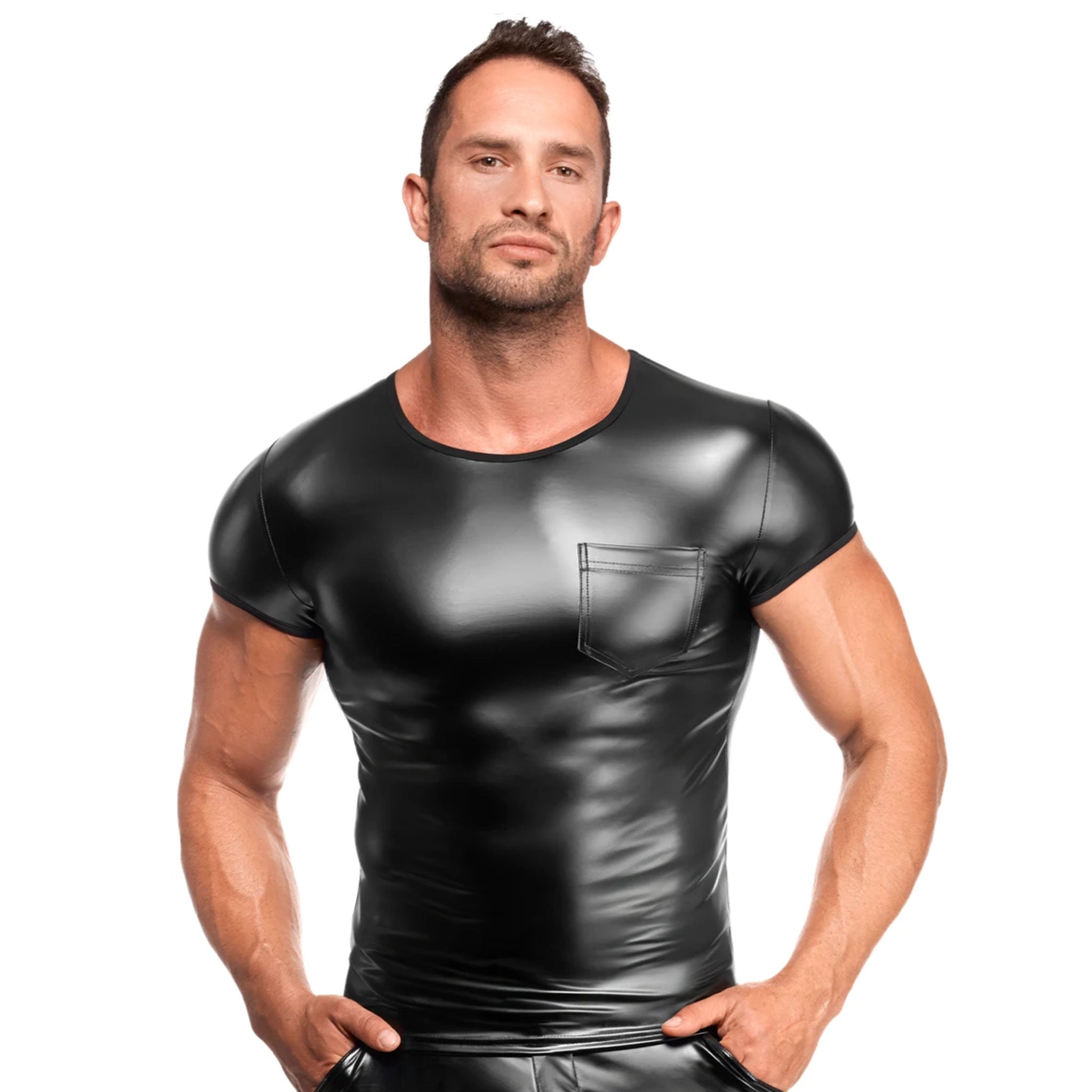 Wetlook power-wetlook apparel top shirt t-shirt short-sleeve sleeves sleeved pocket breast-pocket patch-pocket pull-over soft stretchy shiny matte-finish sexy smooth polished flexible durable modern tailored comfortable tight streamlined functional bold elastic fetish fashion alt-fashion alternative punk rock goth gothic cyber festival rave futuristic clubbing clubwear bondage bdsm bdsm-fashion kink kinky kinkwear costume cosplay halloween male masculine masc mens menswear guys dudes gay lgbtq pride black
