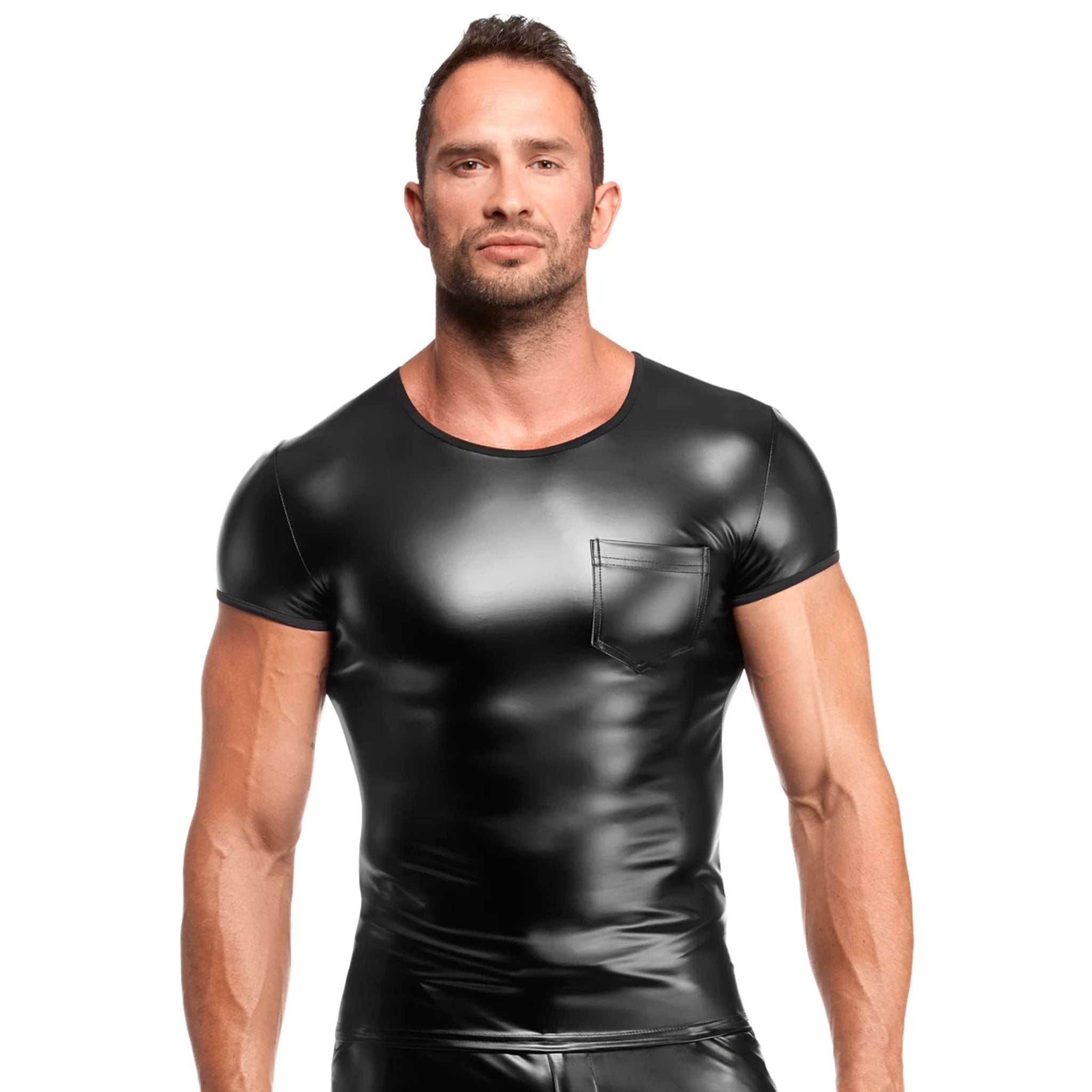 Wetlook power-wetlook apparel top shirt t-shirt short-sleeve sleeves sleeved pocket breast-pocket patch-pocket pull-over soft stretchy shiny matte-finish sexy smooth polished flexible durable modern tailored comfortable tight streamlined functional bold elastic fetish fashion alt-fashion alternative punk rock goth gothic cyber festival rave futuristic clubbing clubwear bondage bdsm bdsm-fashion kink kinky kinkwear costume cosplay halloween male masculine masc mens menswear guys dudes gay lgbtq pride black
