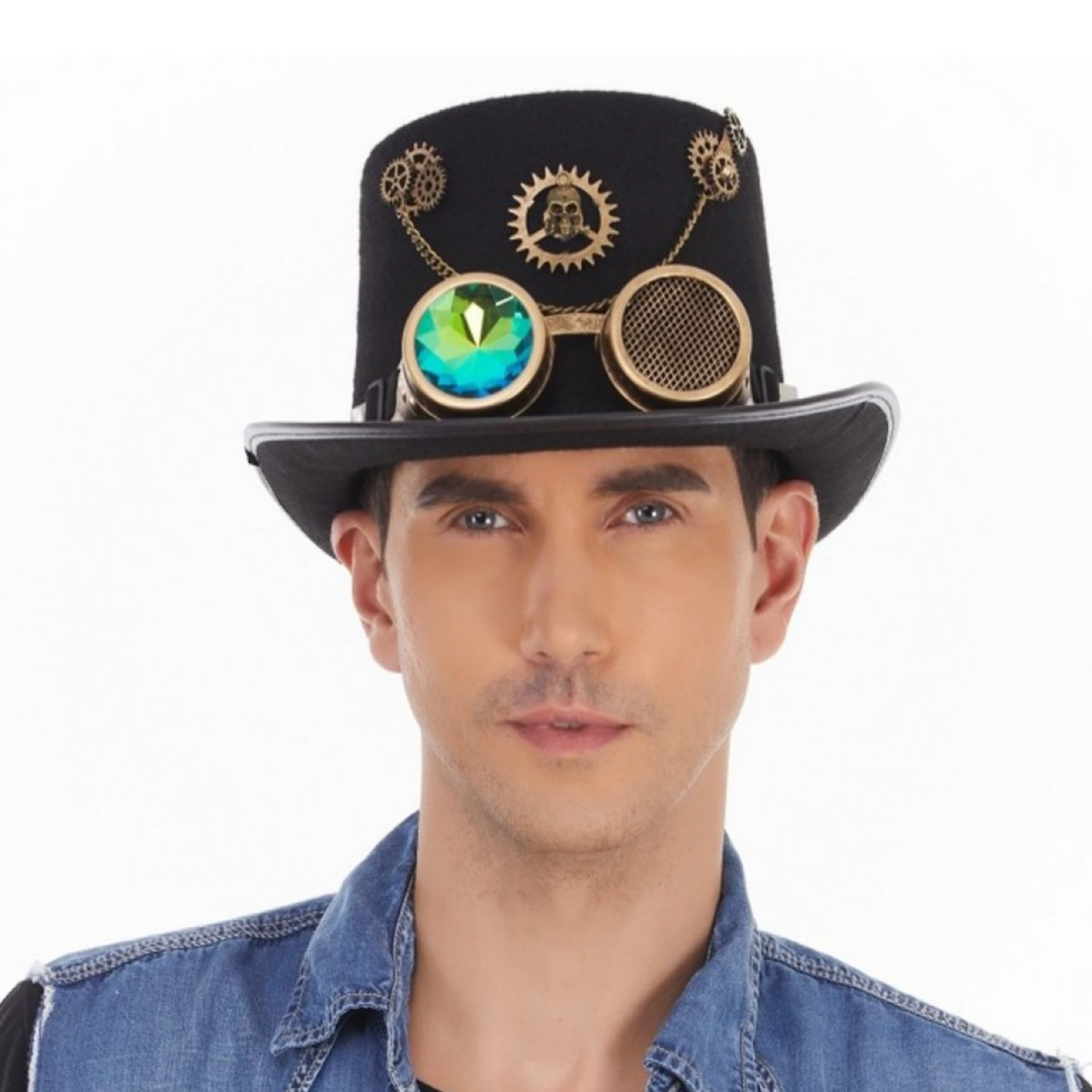 victorian steampunk top hat holo lens goggles holographic rainbow goggles gold gear accents retro steampunk cosplay hat festival costume accessory futuristic gothic party statement headwear