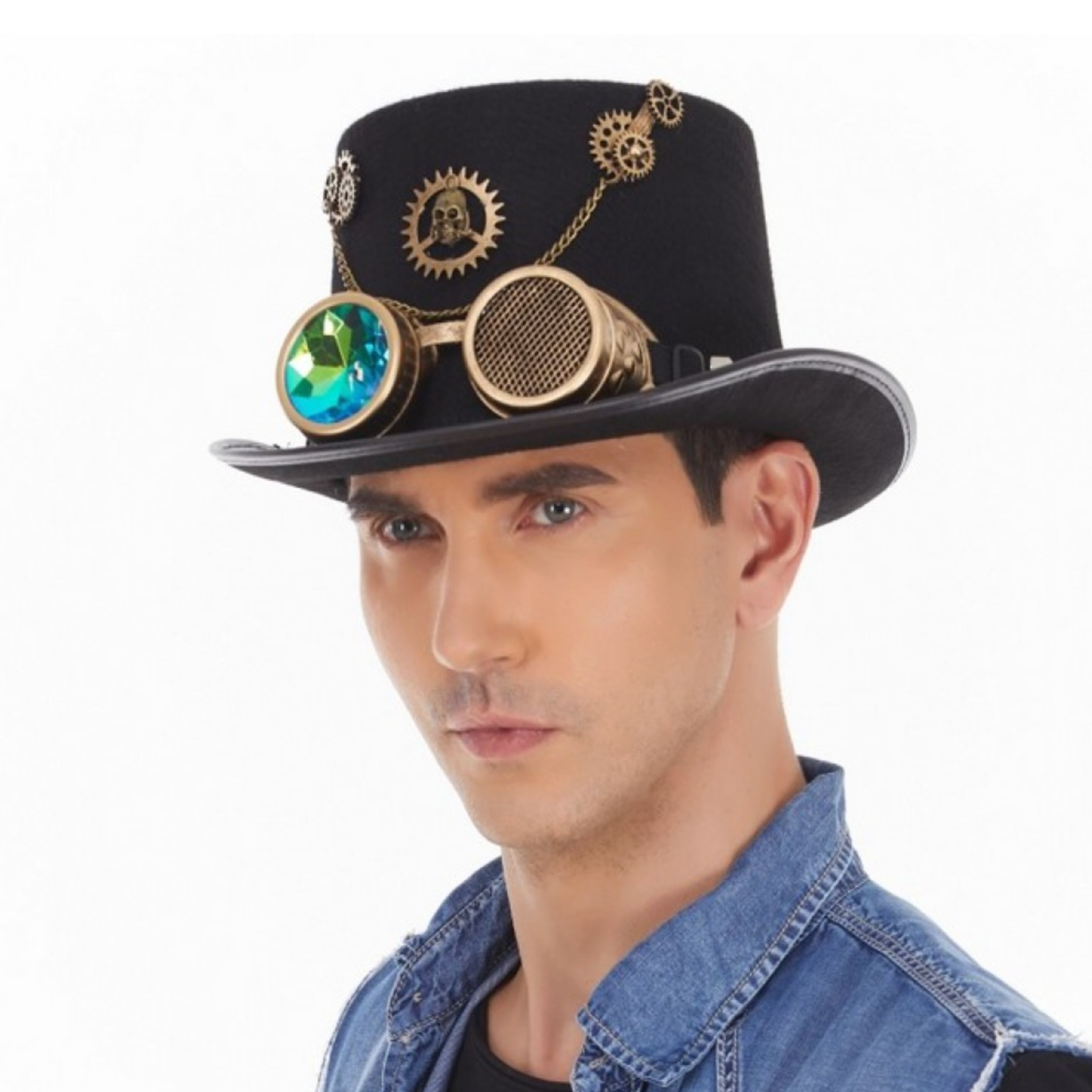 victorian steampunk top hat holo lens goggles holographic rainbow goggles gold gear accents retro steampunk cosplay hat festival costume accessory futuristic gothic party statement headwear