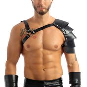Leather PU-leather metallic-alloy accessories top harness chest-harness y-shaped armor shoulder-armor shoulder-pauldron segmented O-ring shiny matte-glossy lightweight breathable comfortable fetish fashion alt-fashion alternative punk goth gothic festival renfaire renaissance festival medieval fantasy roleplay role-play uniform warrior gladiator viking costume cosplay halloween halloween-accessories halloween-costume male masculine masc mens menswear guys dudes lgbtq gay pride black