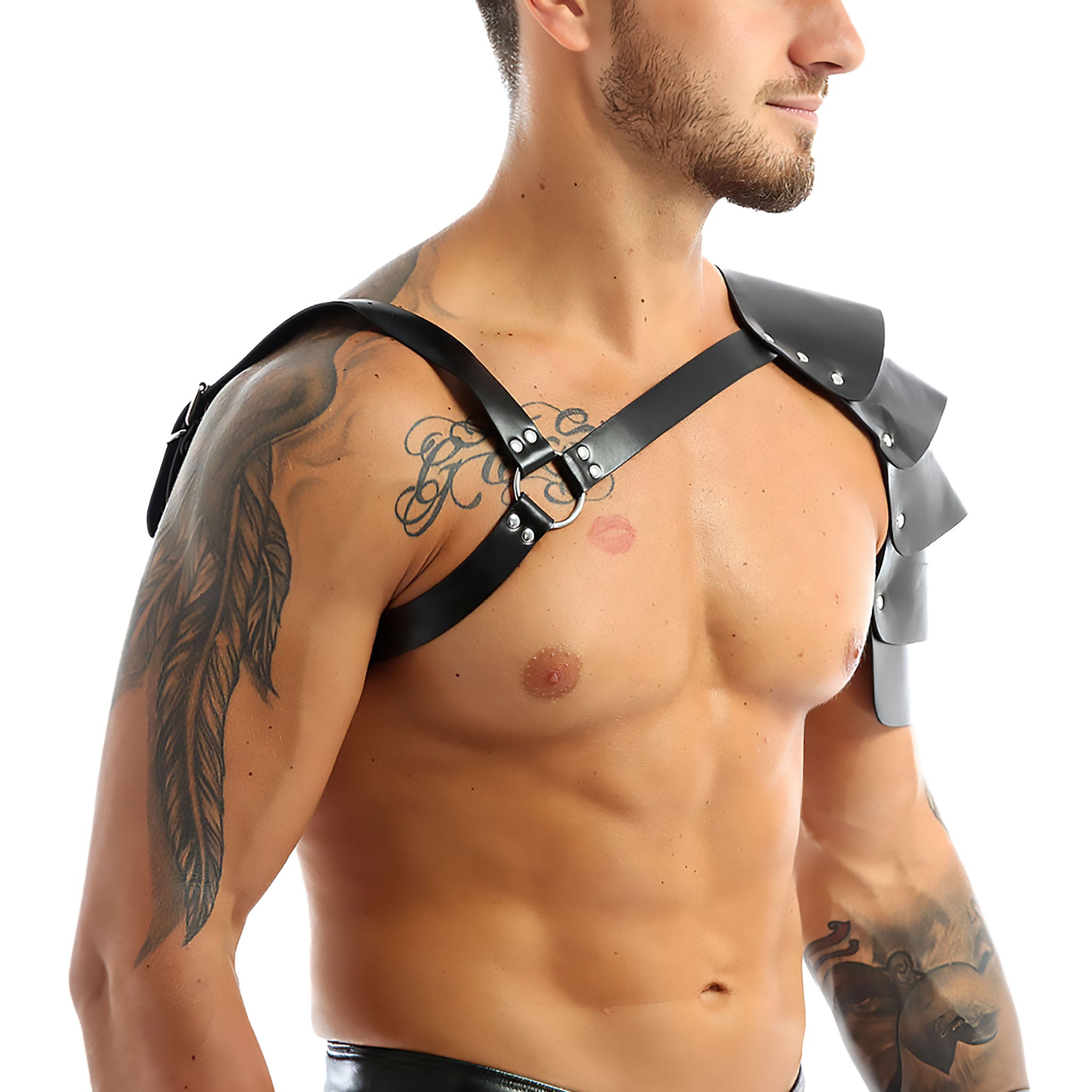 Leather PU-leather metallic-alloy accessories top harness chest-harness y-shaped armor shoulder-armor shoulder-pauldron segmented O-ring shiny matte-glossy lightweight breathable comfortable fetish fashion alt-fashion alternative punk goth gothic festival renfaire renaissance festival medieval fantasy roleplay role-play uniform warrior gladiator viking costume cosplay halloween halloween-accessories halloween-costume male masculine masc mens menswear guys dudes lgbtq gay pride black