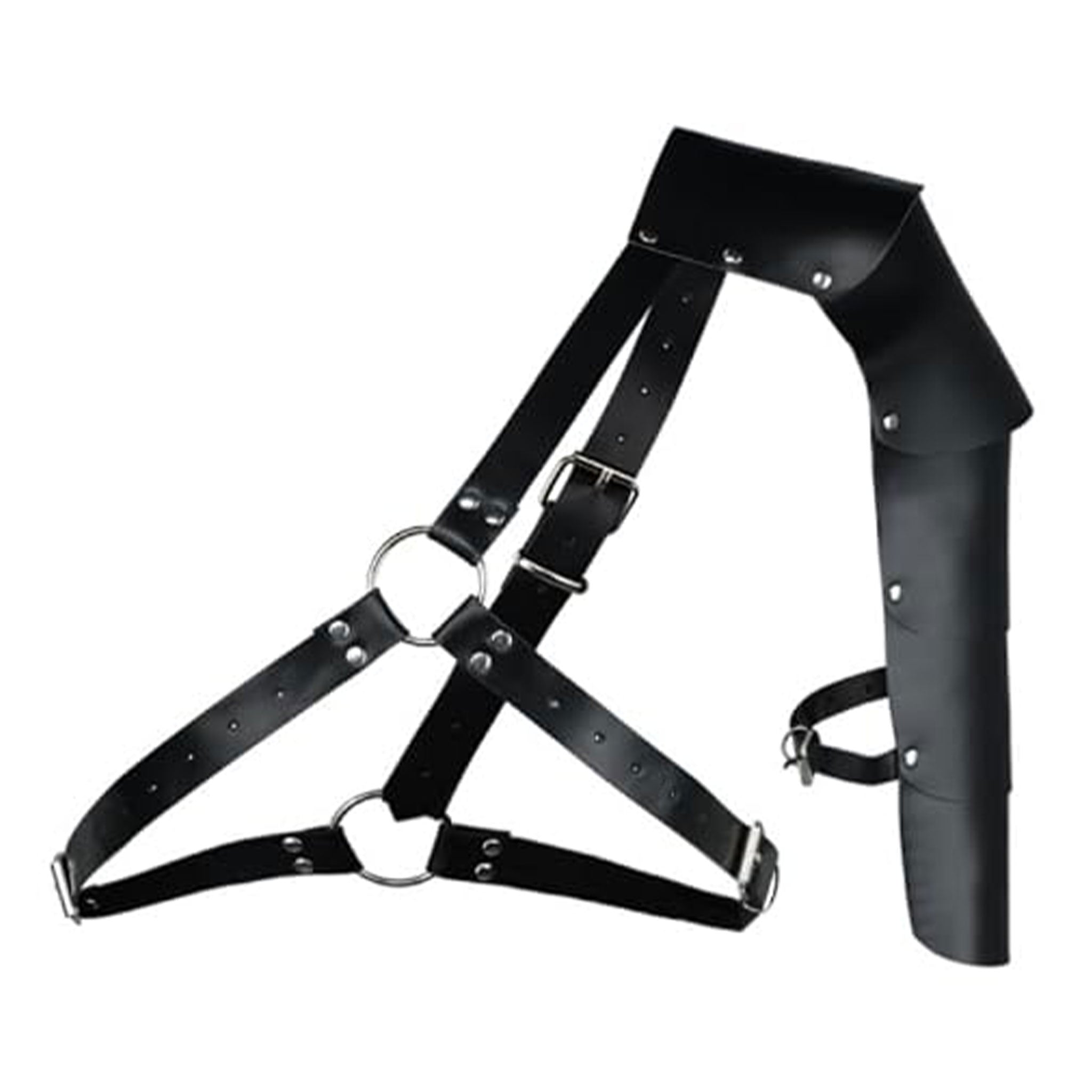 Leather PU-leather metallic-alloy accessories top harness chest-harness y-shaped armor shoulder-armor shoulder-pauldron segmented O-ring shiny matte-glossy lightweight breathable comfortable fetish fashion alt-fashion alternative punk goth gothic festival renfaire renaissance festival medieval fantasy roleplay role-play uniform warrior gladiator viking costume cosplay halloween halloween-accessories halloween-costume male masculine masc mens menswear guys dudes lgbtq gay pride black