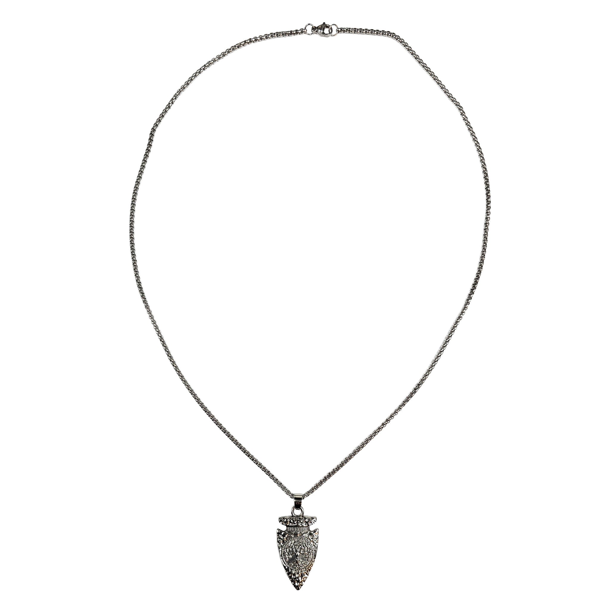 Stainless-steel metallic-alloy necklace-chain accessories jewelry necklace pendant arrow-head spear-head yggdrasil gungnir tree-of-life cube-bead unique durable eye-catching fashion alt-fashion alternative rock biker punk goth gothic fantasy cultural nordic norse mythology asatru heritage vintage artistic renfaire renaissance festival casual medieval roleplay role-play viking northman costume cosplay halloween halloween-costumes halloween-accessories unisex silver