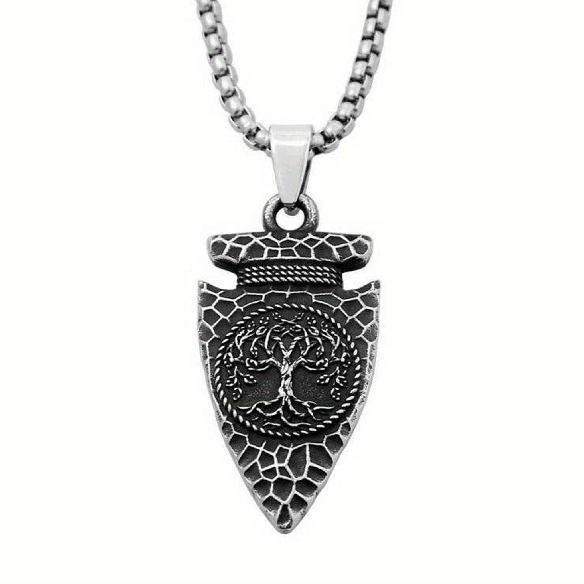 Stainless-steel metallic-alloy necklace-chain accessories jewelry necklace pendant arrow-head spear-head yggdrasil gungnir tree-of-life cube-bead unique durable eye-catching fashion alt-fashion alternative rock biker punk goth gothic fantasy cultural nordic norse mythology asatru heritage vintage artistic renfaire renaissance festival casual medieval roleplay role-play viking northman costume cosplay halloween halloween-costumes halloween-accessories unisex silver