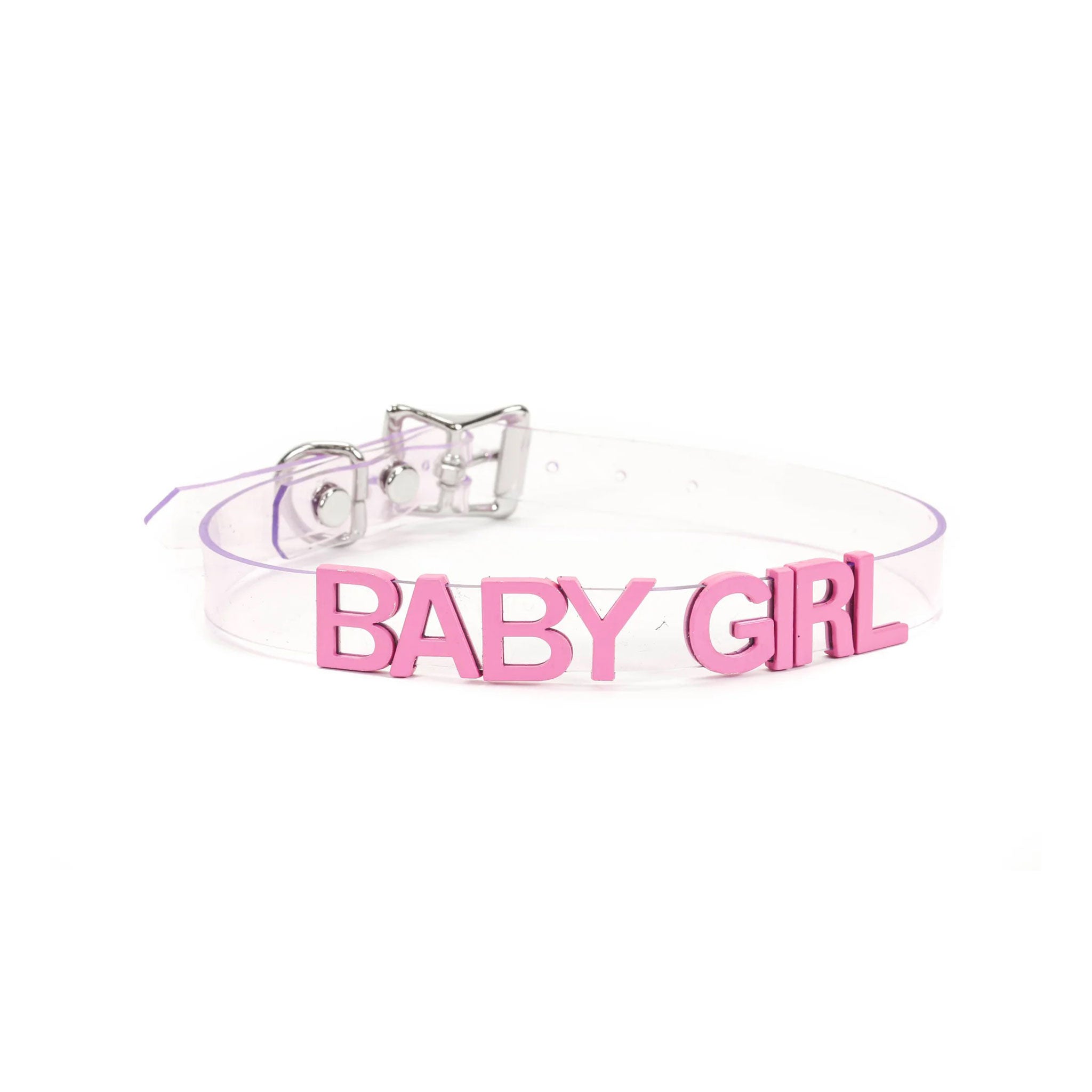 Vinyl clear collar choker stainless-steel 3D 3-D letter word statement adjustable buckle fetish fashion punk kawaii loli naughty rave rave-wear festival accessories clear pink babygirl baby-girl