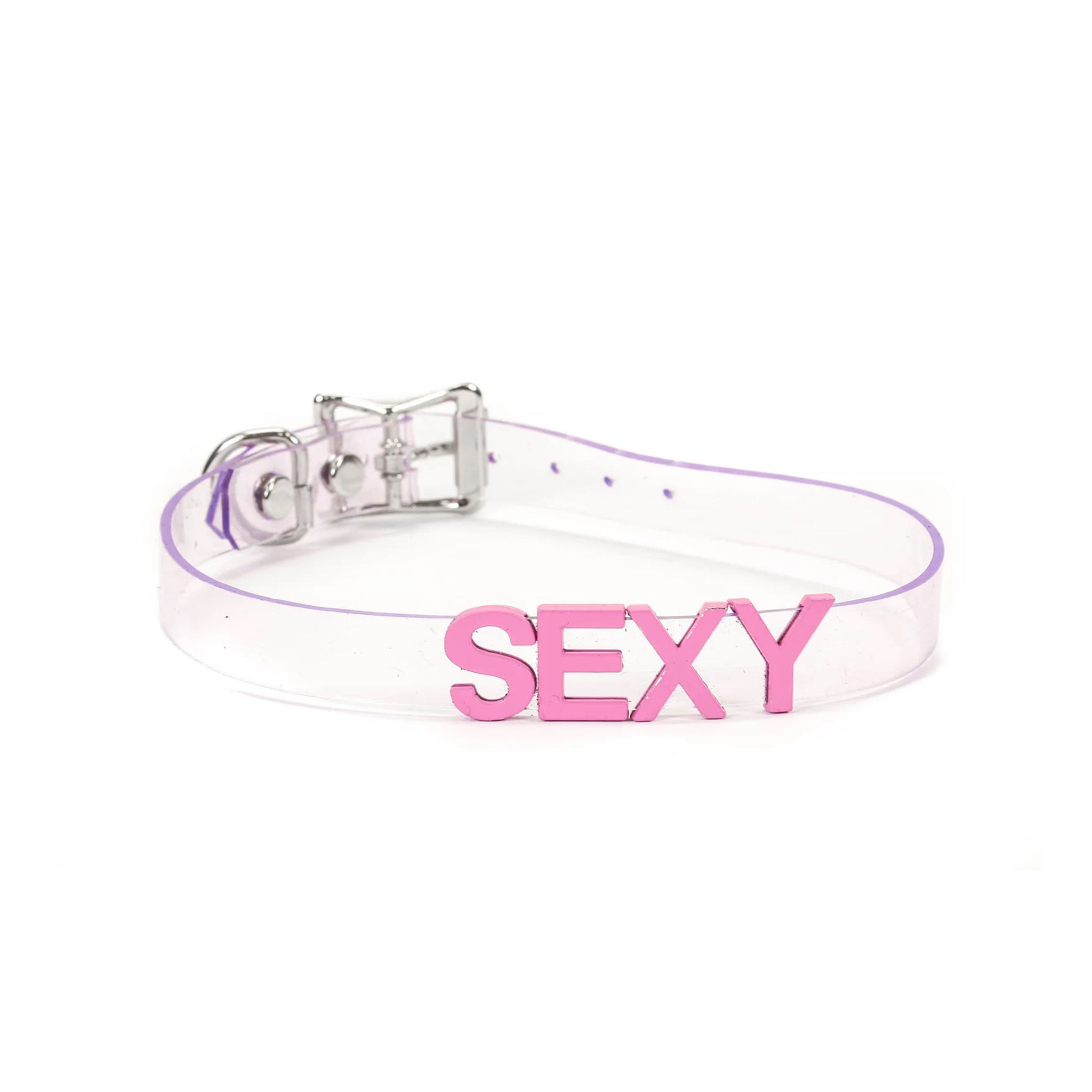Vinyl clear collar choker stainless-steel 3D 3-D letter word statement adjustable buckle fetish fashion punk kawaii loli naughty rave rave-wear festival accessories clear pink sexy