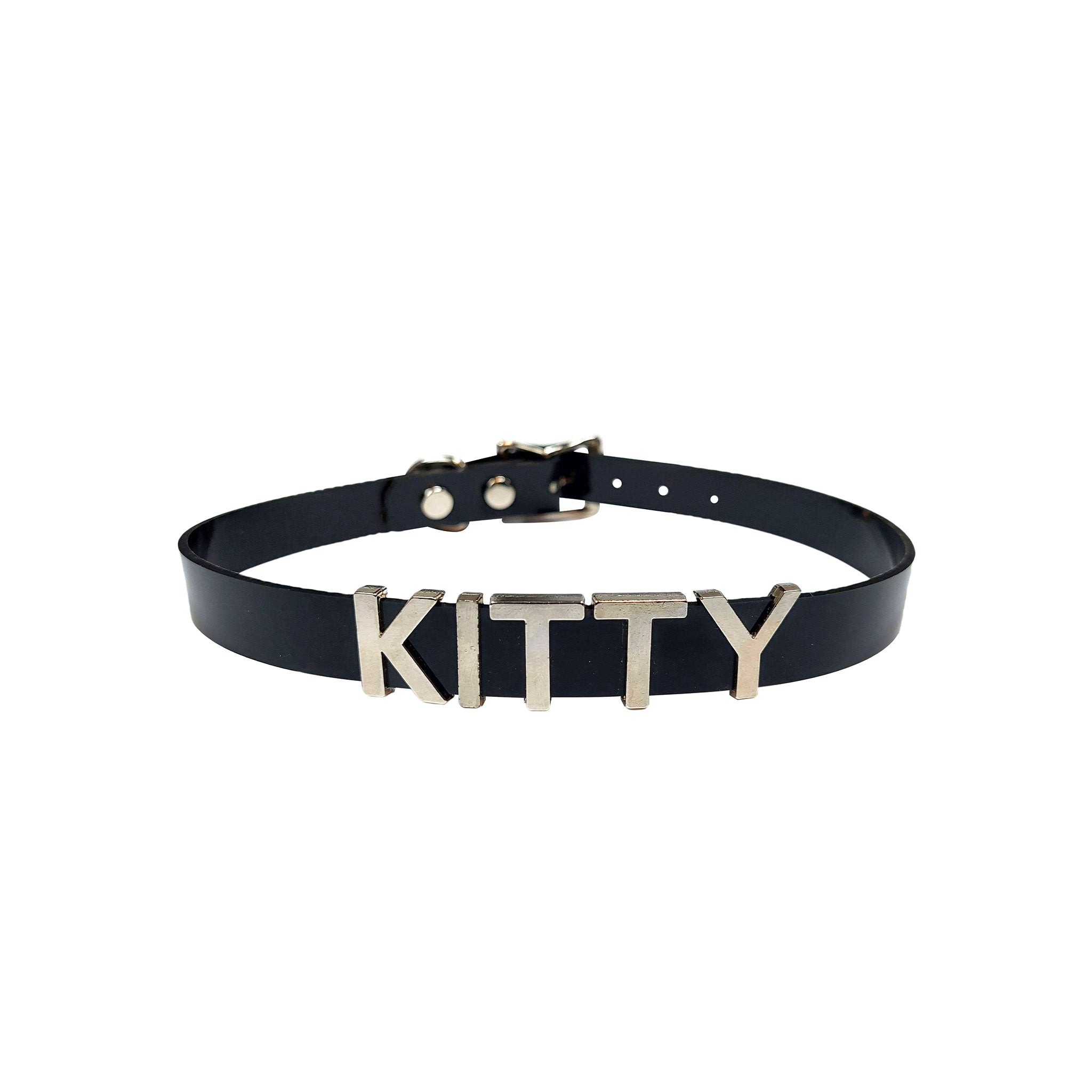 Vinyl PVC collar choker metallic statement letters leads leash kinky bondage bdsm accessories black kitty