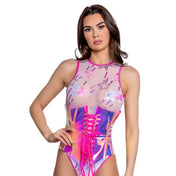 PVC vinyl top corset cincher laceup lace-up front-laceup back-laceup side-zip zipper nylon-cording shiny rainbow cosmic fantasy fairy rave ravewear festival concert club clubwear clubbing costume cosplay halloween female femme feminine womens iridescent holographic pink hot-pink