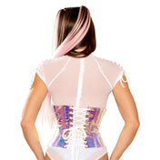PVC vinyl top corset cincher laceup lace-up front-laceup back-laceup side-zip zipper nylon-cording shiny rainbow cosmic fantasy fairy rave ravewear festival concert club clubwear clubbing costume cosplay halloween female femme feminine womens iridescent holographic pink pink-ice