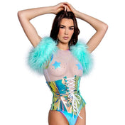 PVC vinyl top corset cincher laceup lace-up front-laceup back-laceup side-zip zipper nylon-cording shiny rainbow cosmic fantasy fairy rave ravewear festival concert club clubwear clubbing costume cosplay halloween female femme feminine womens iridescent holographic blue sea-ice