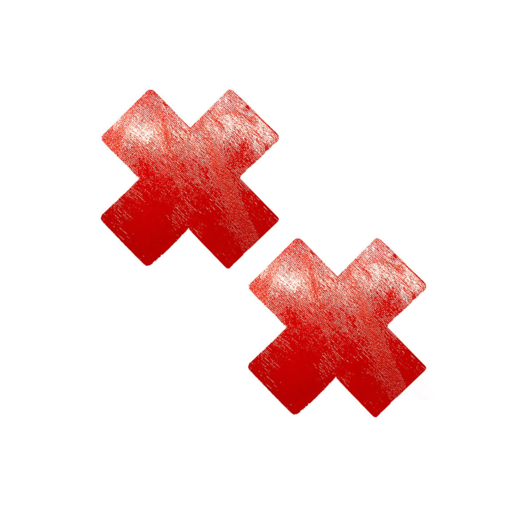Metallic red X pasties, wet vinyl finish, self-adhesive, hypoallergenic.