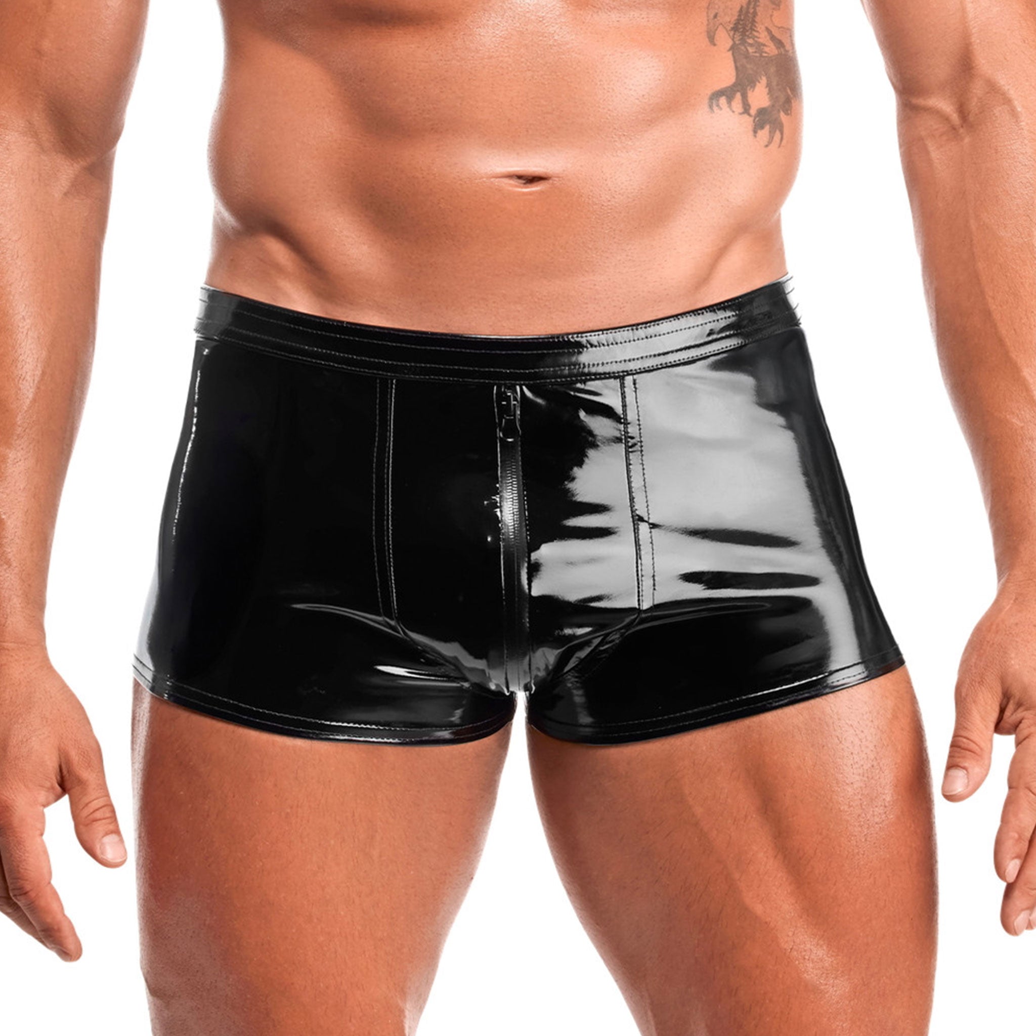 PVC vinyl apparel bottoms intimates shorts elastic-waistband zipper 3-way three-way thru-zip lining shiny glossy high-gloss high-shine versatile attitude confident striking edgy modern sculpted comfortable flexible daring fearless sensual fetish fashion alt-fashion punk bedroom dungeon casual everyday kink kinky kinkwear costume cosplay halloween noir-collection male masculine masc mens menswear guys dudes gay lgbtq black