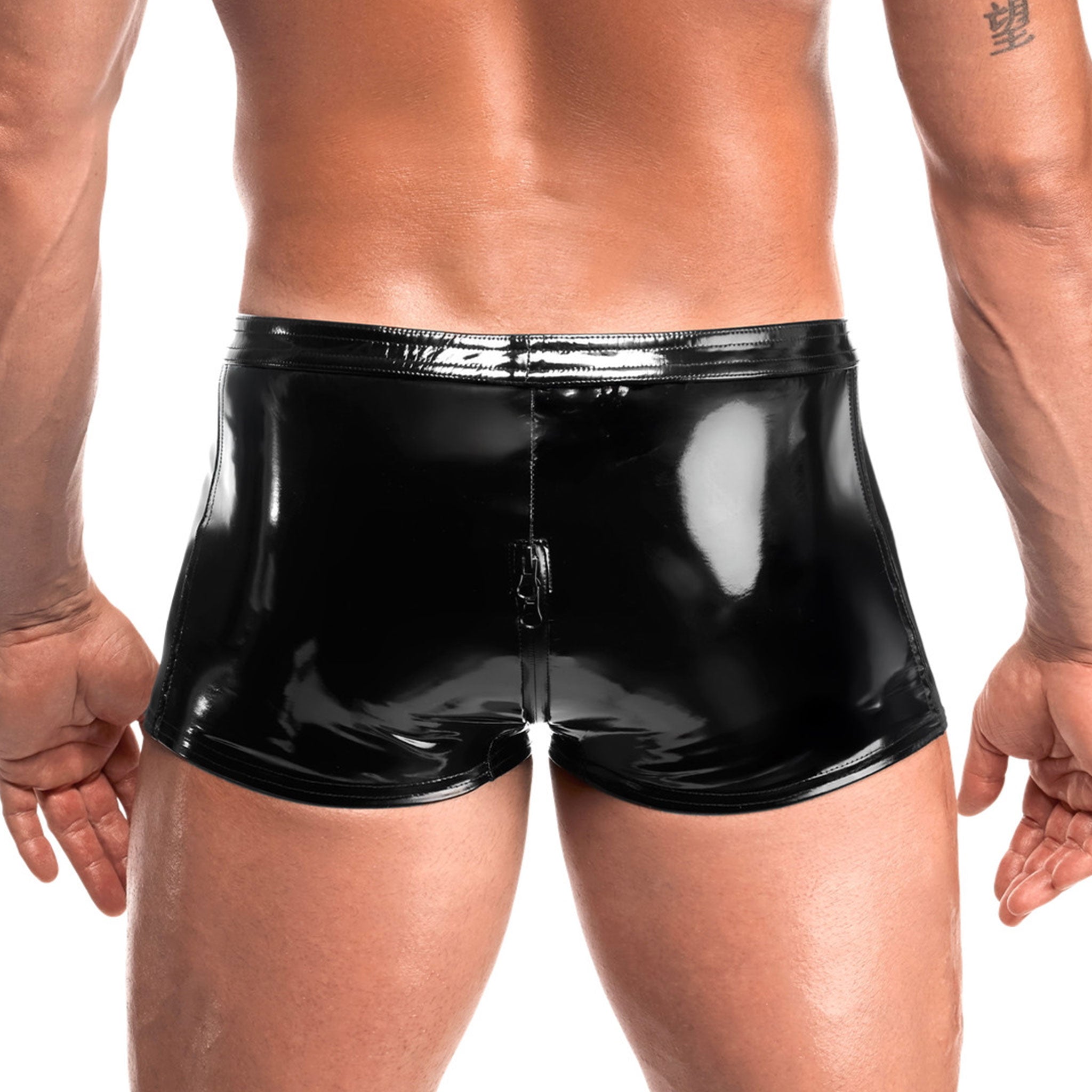 PVC vinyl apparel bottoms intimates shorts elastic-waistband zipper 3-way three-way thru-zip lining shiny glossy high-gloss high-shine versatile attitude confident striking edgy modern sculpted comfortable flexible daring fearless sensual fetish fashion alt-fashion punk bedroom dungeon casual everyday kink kinky kinkwear costume cosplay halloween noir-collection male masculine masc mens menswear guys dudes gay lgbtq black