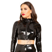PVC vinyl top jacket crop-top high collar longsleeve long-sleeve sleeves sleeved zipper front-zip bust-zip shiny glossy fetish fashion alt-fashion kink kinky kinky-play exhibition flashing female femme feminine womens black