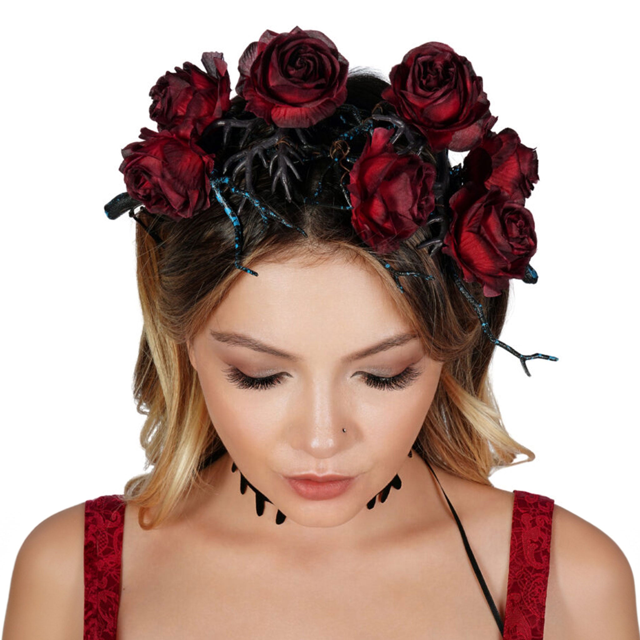 Thorn thorns crown headband hairband headgear headpiece roses floral goth gothic tie-up costume halloween accessories black red