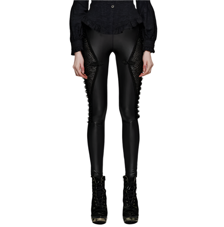 Ruffled Mesh Panels Embroidered Gothic Leggings Pants – Sheer mesh panels, intricate embroidery, and ruffled details – Fetish fashion, alternative style leggings for women