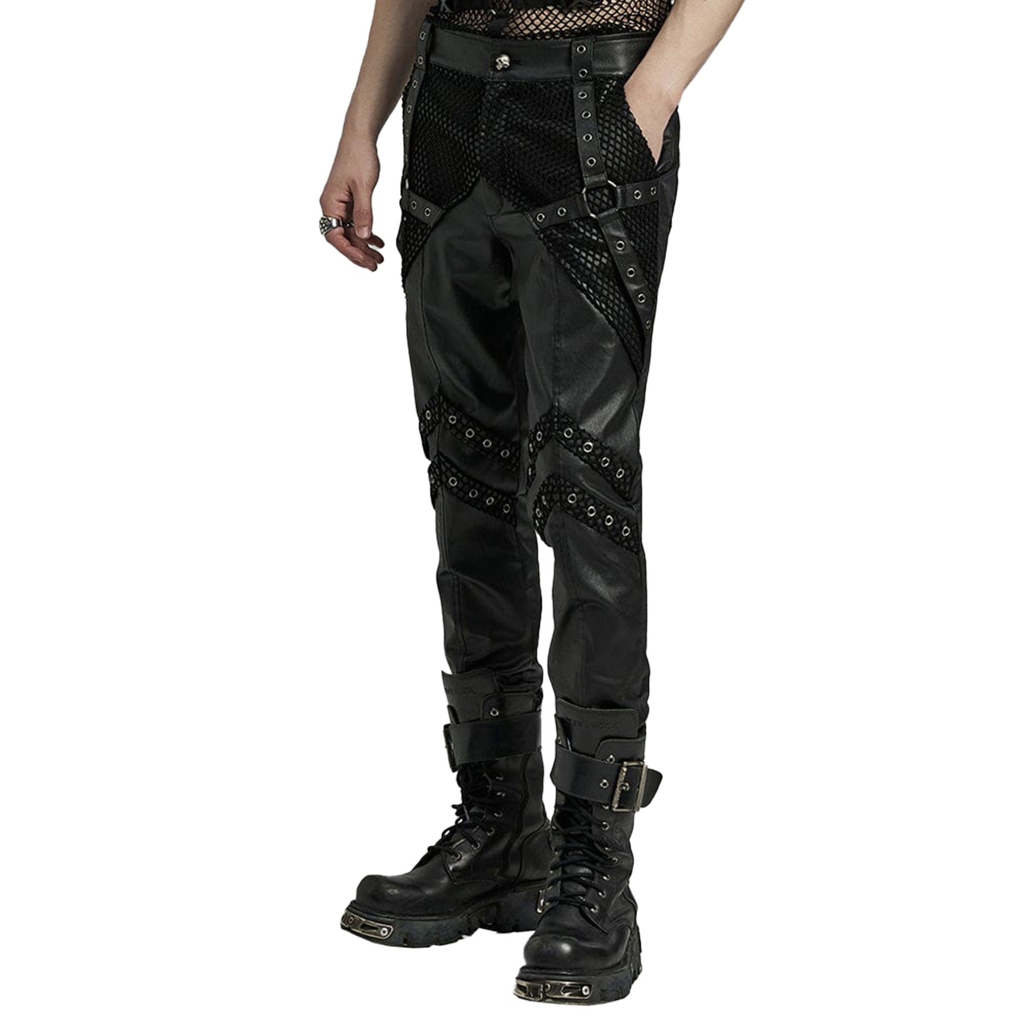 Punk Wetlook Harness Pants With Mesh Overlay