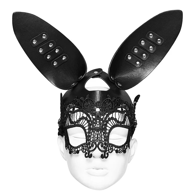 Studded Bunny Ears Mask & Lace Eyes – Black – Sexy fetish bunny ears with studs and lace eyes, BDSM, and roleplay accessories