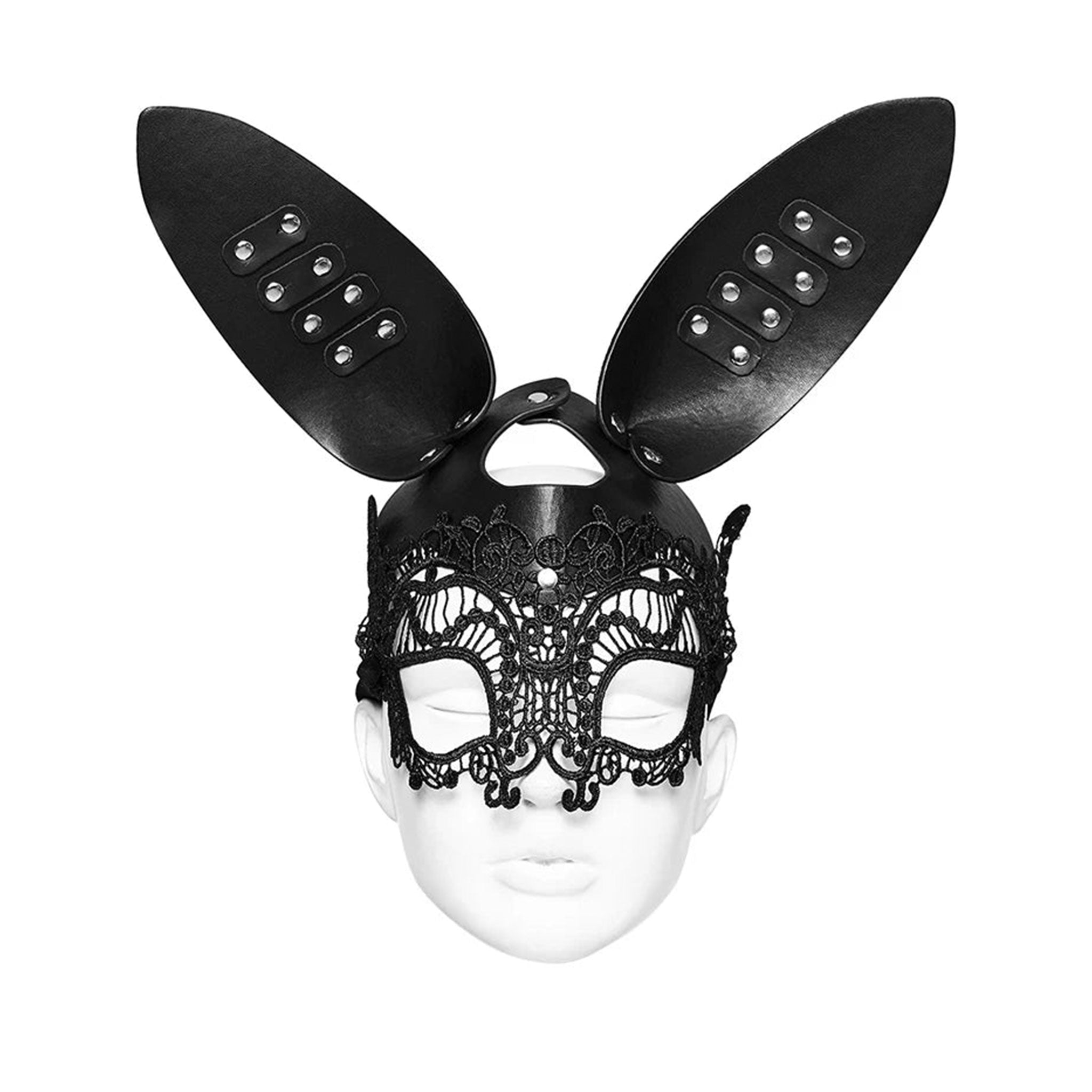 Bunny rabbit mask studded PU leather ears lace eyes costume halloween pet-play sexy fetish bdsm roleplay accessories black