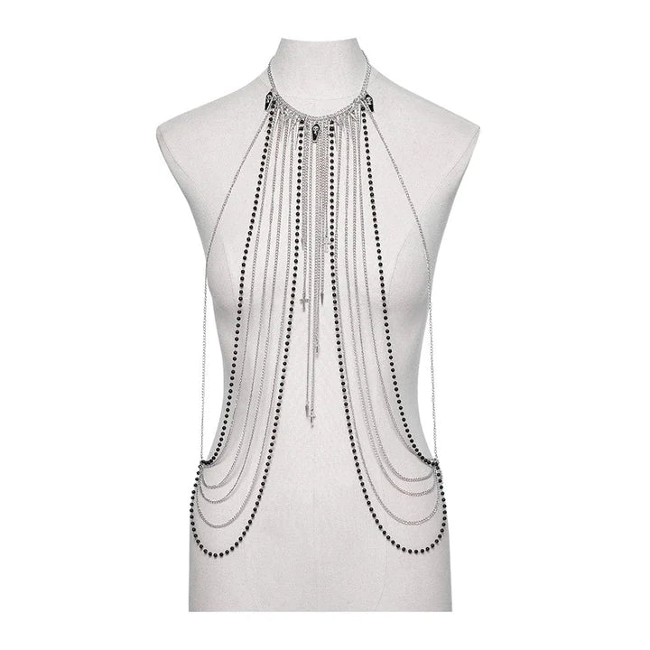 Multilayered Chains Skull Beaded Body Harness Silver