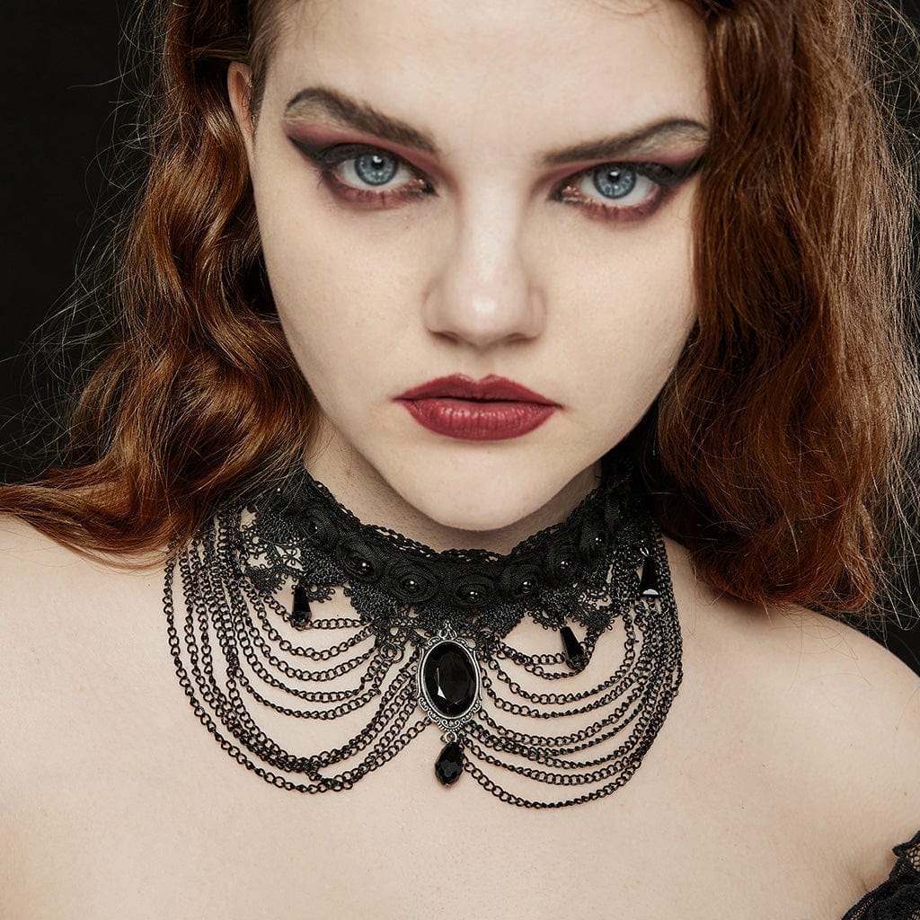 Gothic Beaded Lace Choker & Hanging Chains Black